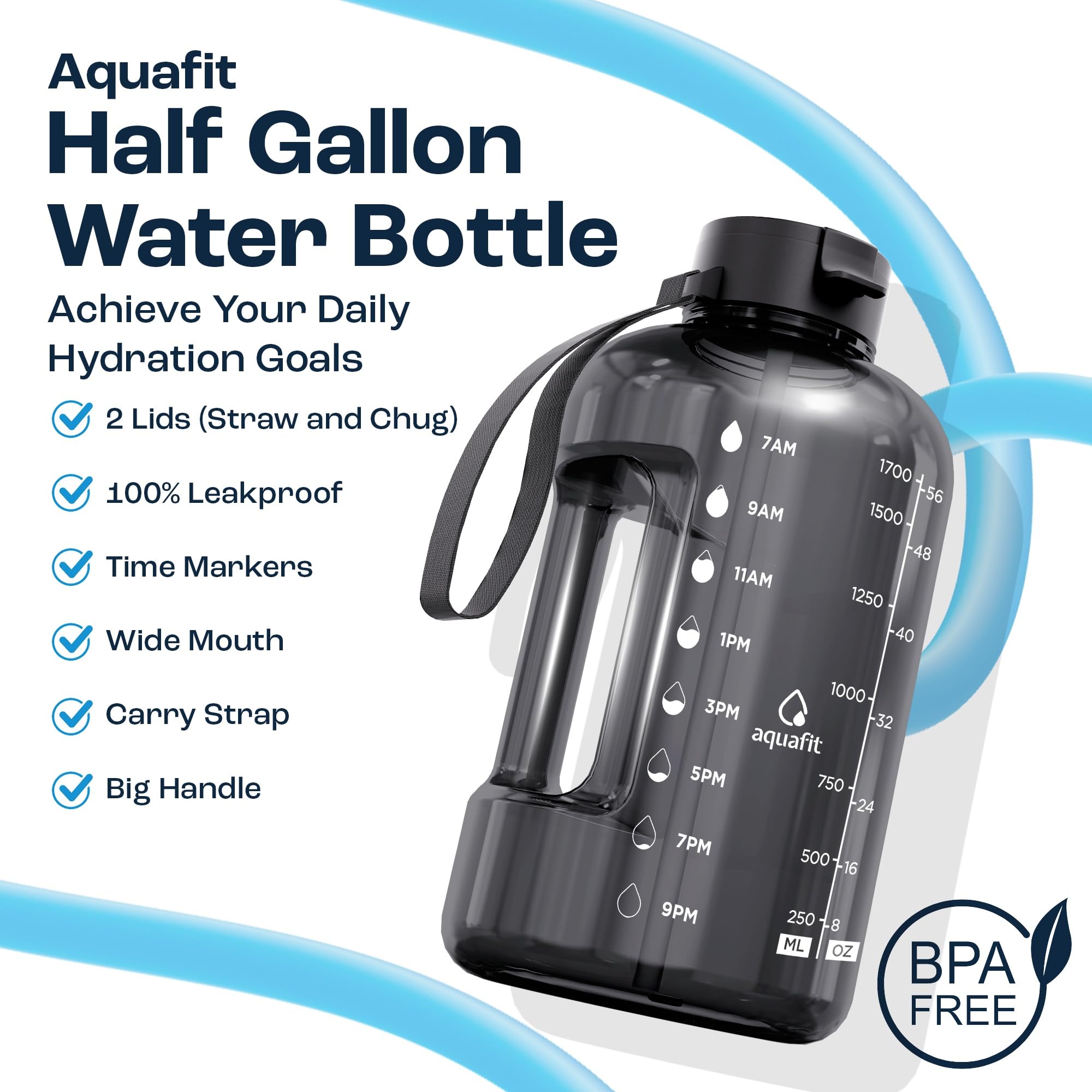 AQUAFIT 64 oz Water Bottle with Time Marker - Straw & Chug Lid - BPA Free Half Gallon Gym Water Bottle with Handle - Big Gallon