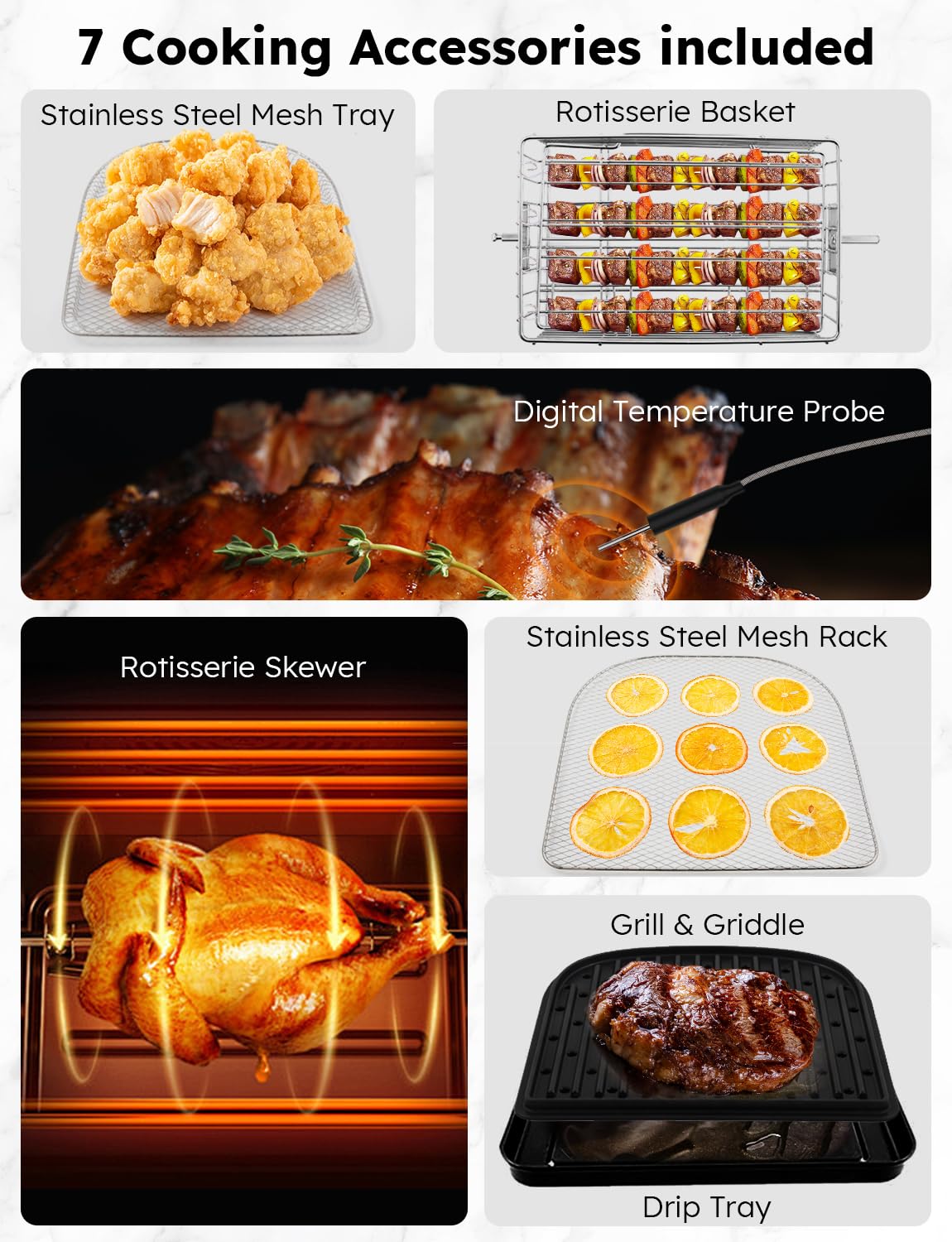 Nuwave Brio Air Fryer Oven, 15.5Qt, X-Large, Stainless Steel, Black, with Rotisserie Basket, Smart Thermometer, Non-Stick Grill Plate