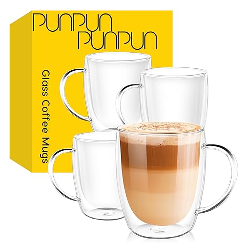 Punpun Coffee Cups Clear Coffee Mugs, Glass Cups For Latte, Double Wall Glass Coffee Mugs With Big Handle, Glass Mugs For Iced C