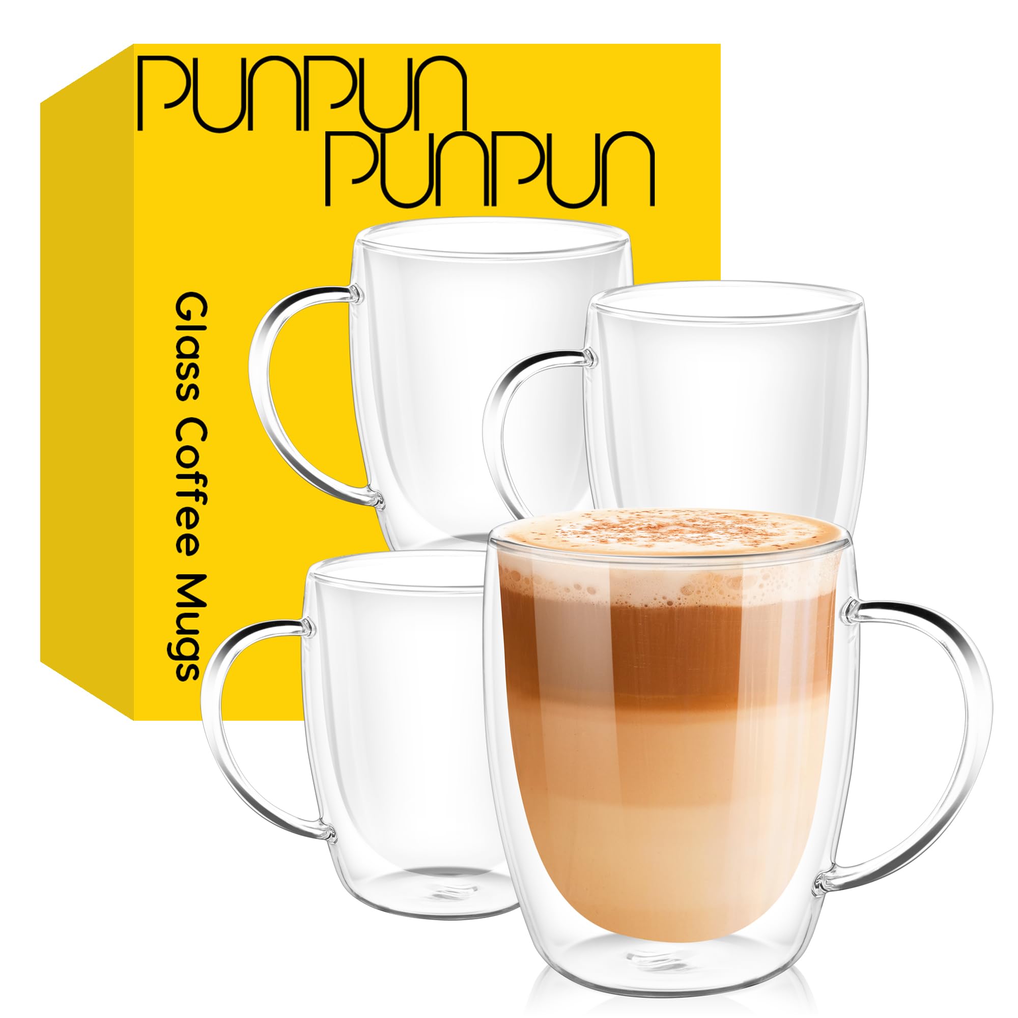 Punpun Coffee Cups Clear Coffee Mugs, Glass Cups For Latte, Double Wall Glass Coffee Mugs With Big Handle, Glass Mugs For Iced C