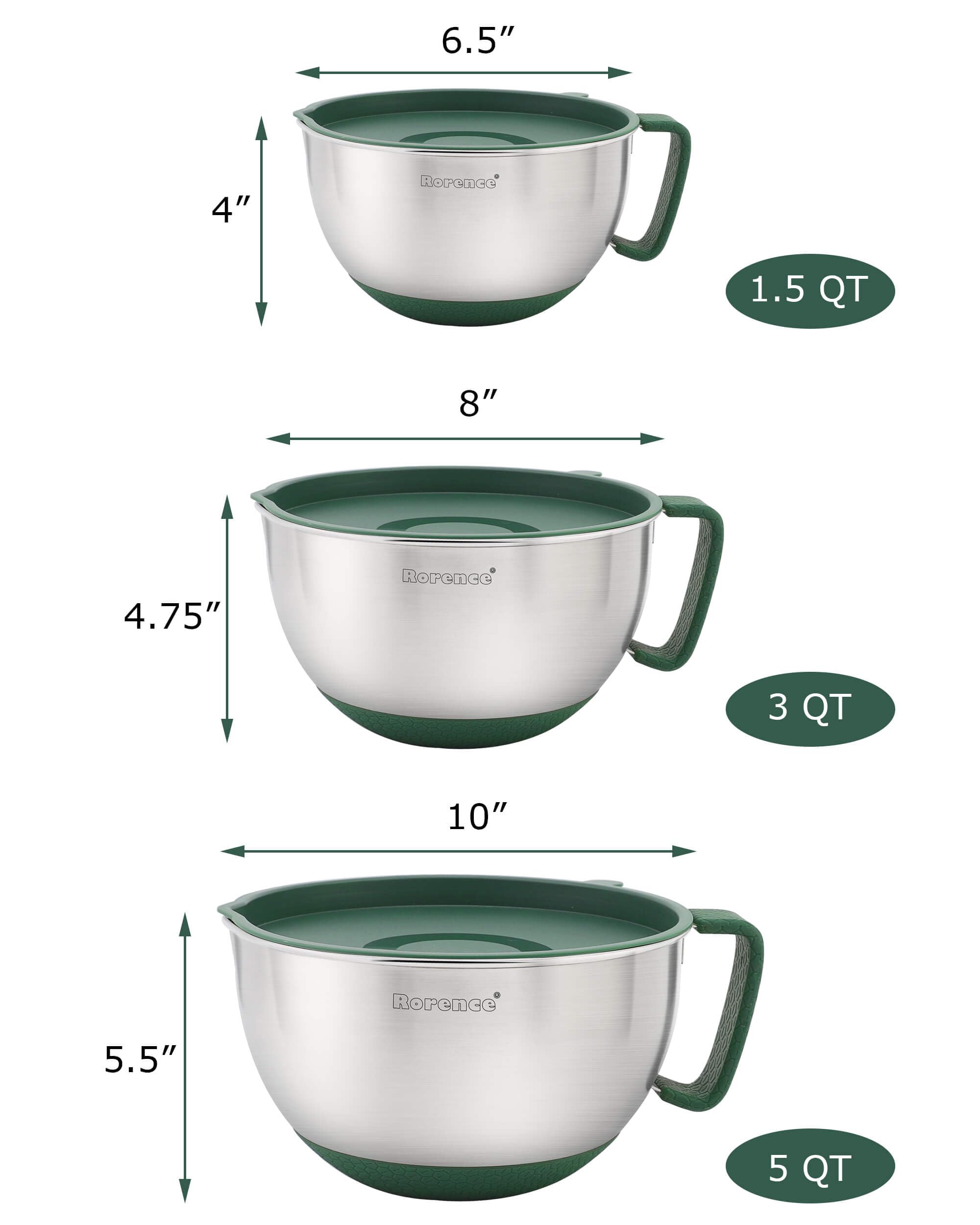 Rorence Mixing Bowls Set: Stainless Steel Non-Slip Bowls With Pour Spout, Handle And Lid - Set Of 3 - Green