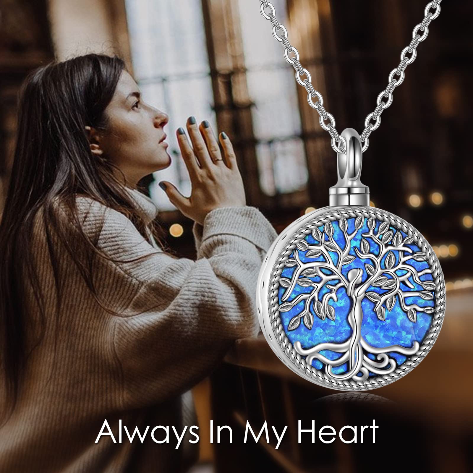 ONEFINITY Urn Necklace for Ashes Sterling Silver Tree of Life Cremation Jewelry for Ashes Blue Opal Memory Jewelry for Women