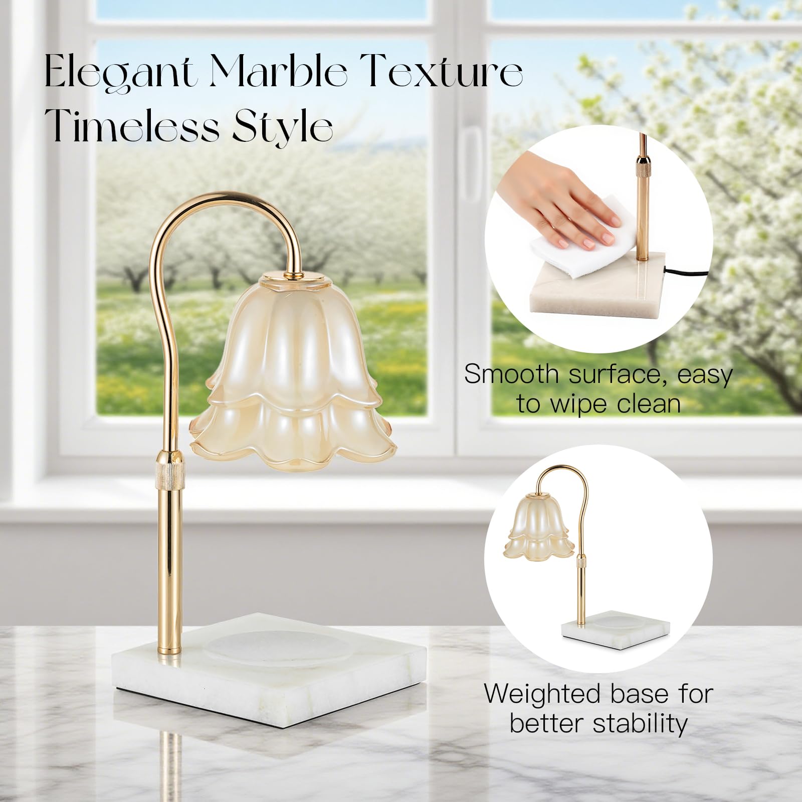 Candeldo Candle Warmer Lamp with Timer, Adjustable Height, Dimmable Glass, Marble Base - Modern Decor for Kitchen & Bathroom