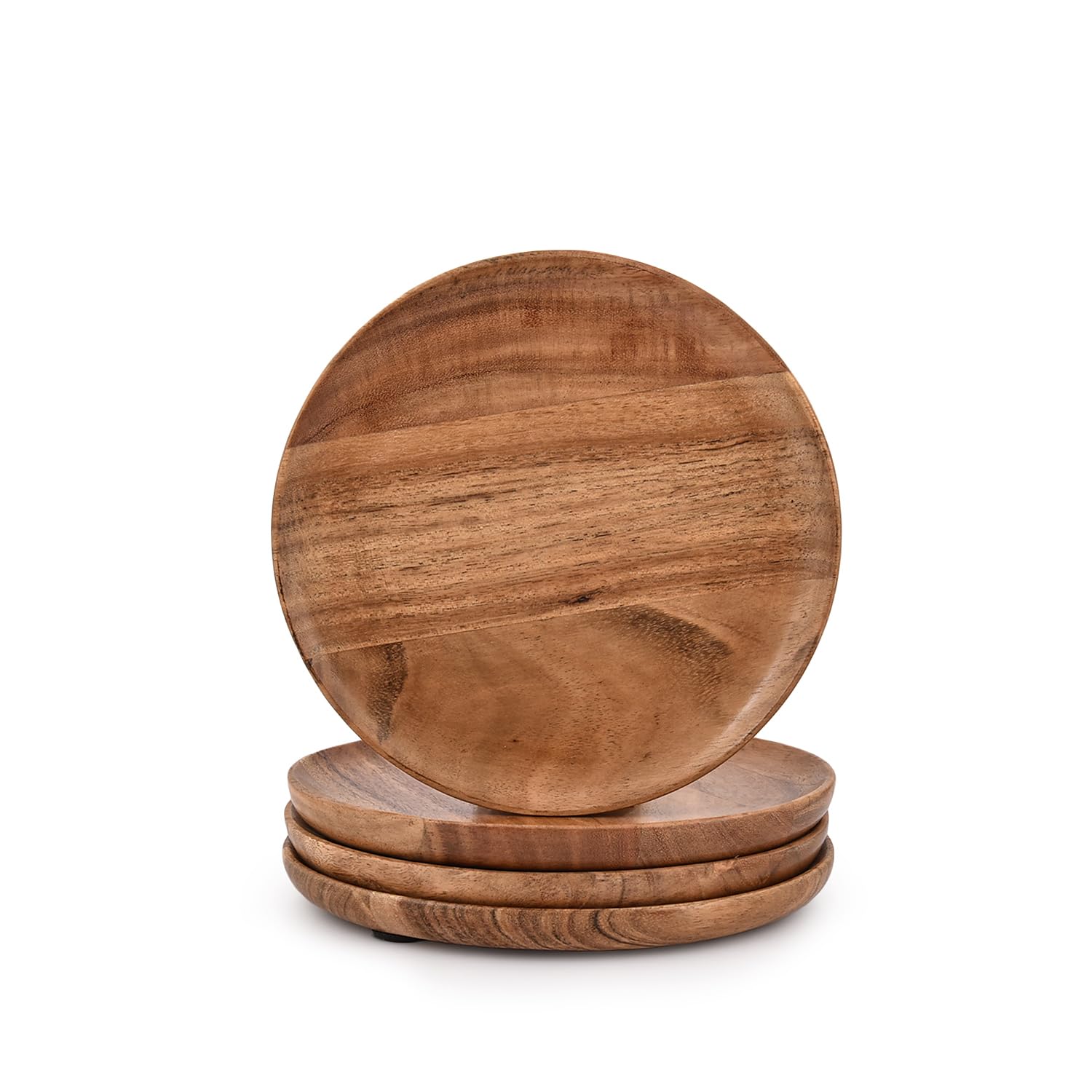 Samhita Acacia Wood Round Wood Plates Set of 4  Easy Cleaning & Lightweight for Dishes Snack  Dessert.(7'' x 7'' x 1'')