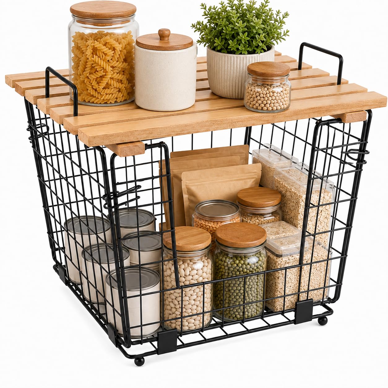 Yomjarl Stackable Pantry Organizer, Wire Basket with Bamboo Top