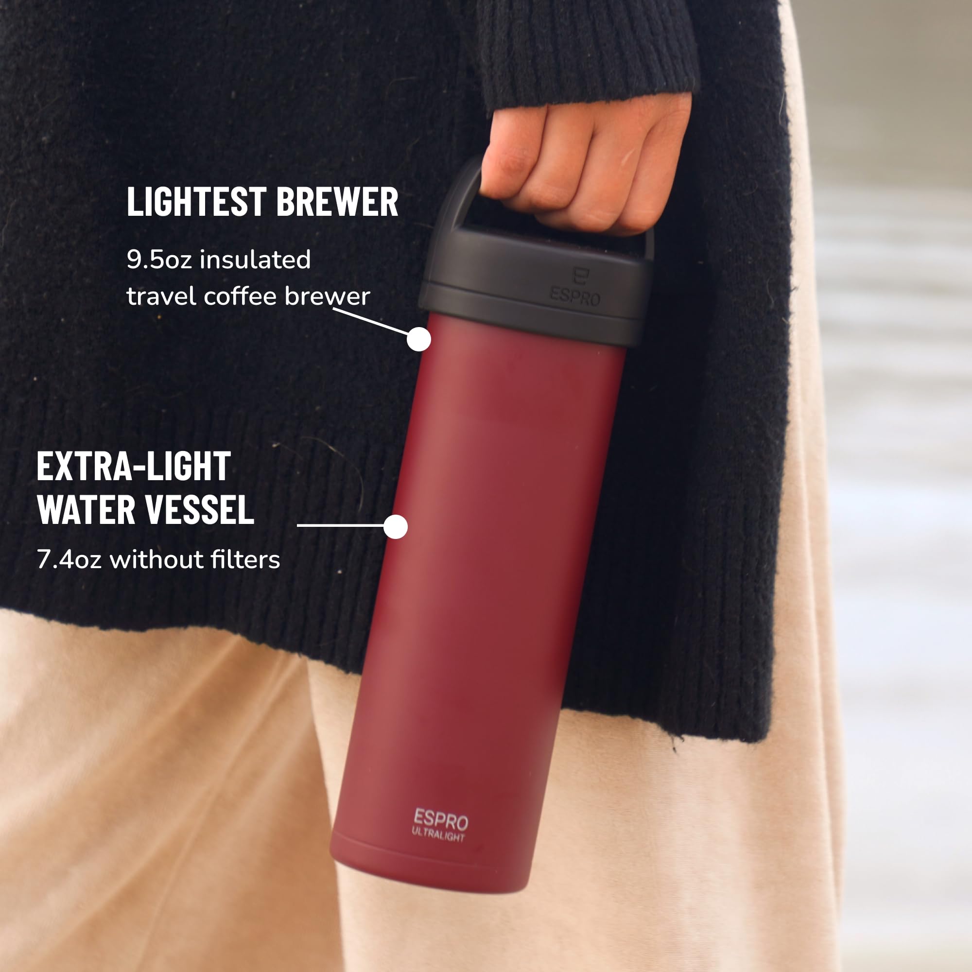 ESPRO P0 Ultralight French Coffee Press & Hydration Bottle, 16 oz, Stainless Steel, Vacuum Insulated, Cranberry