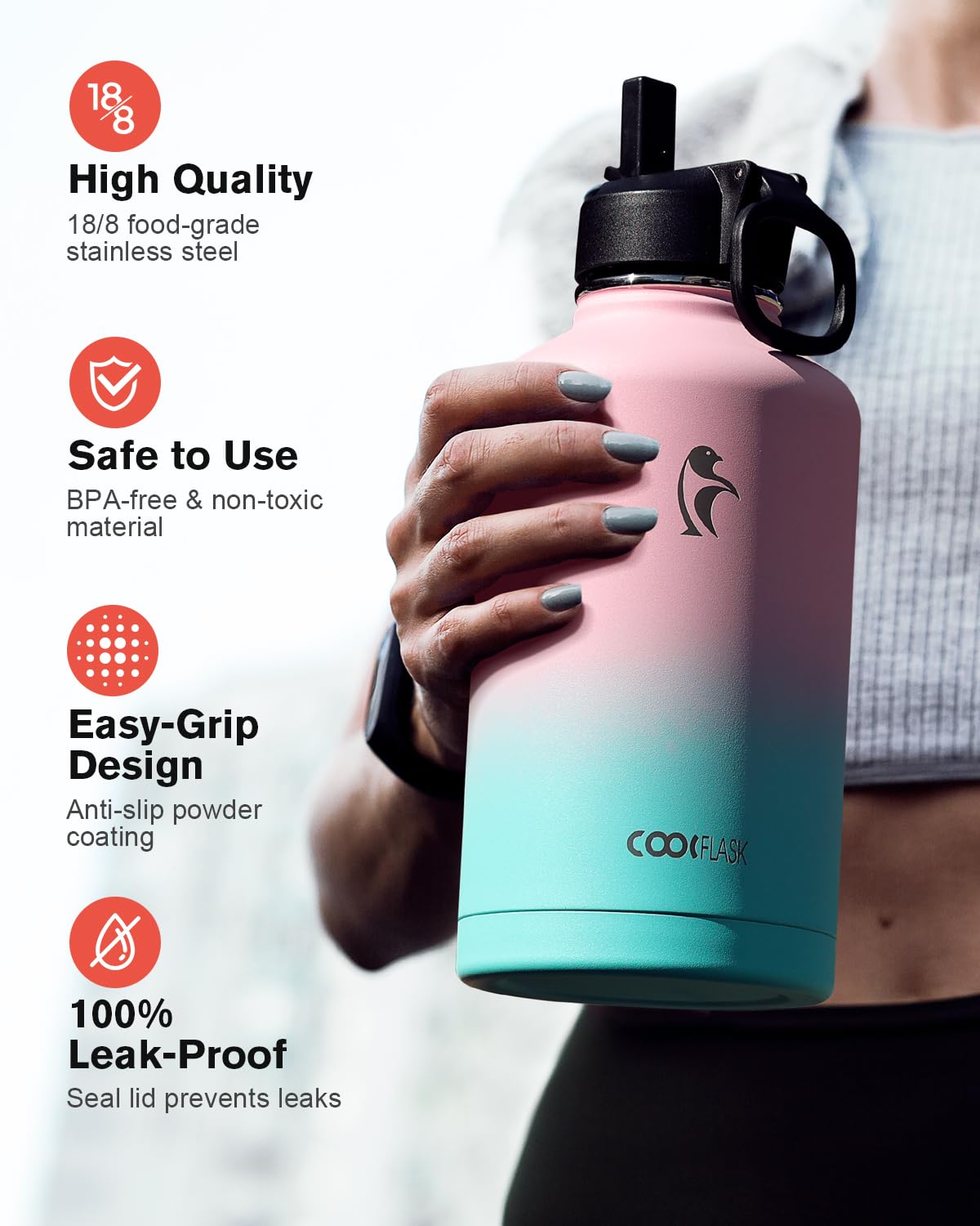 Water Bottle Insulated 64 Oz With Straw & 3 Lids, Coolflask Half Gallon Water Jug Large Metal Stainless Steel Wide Mouth, Non-Bp
