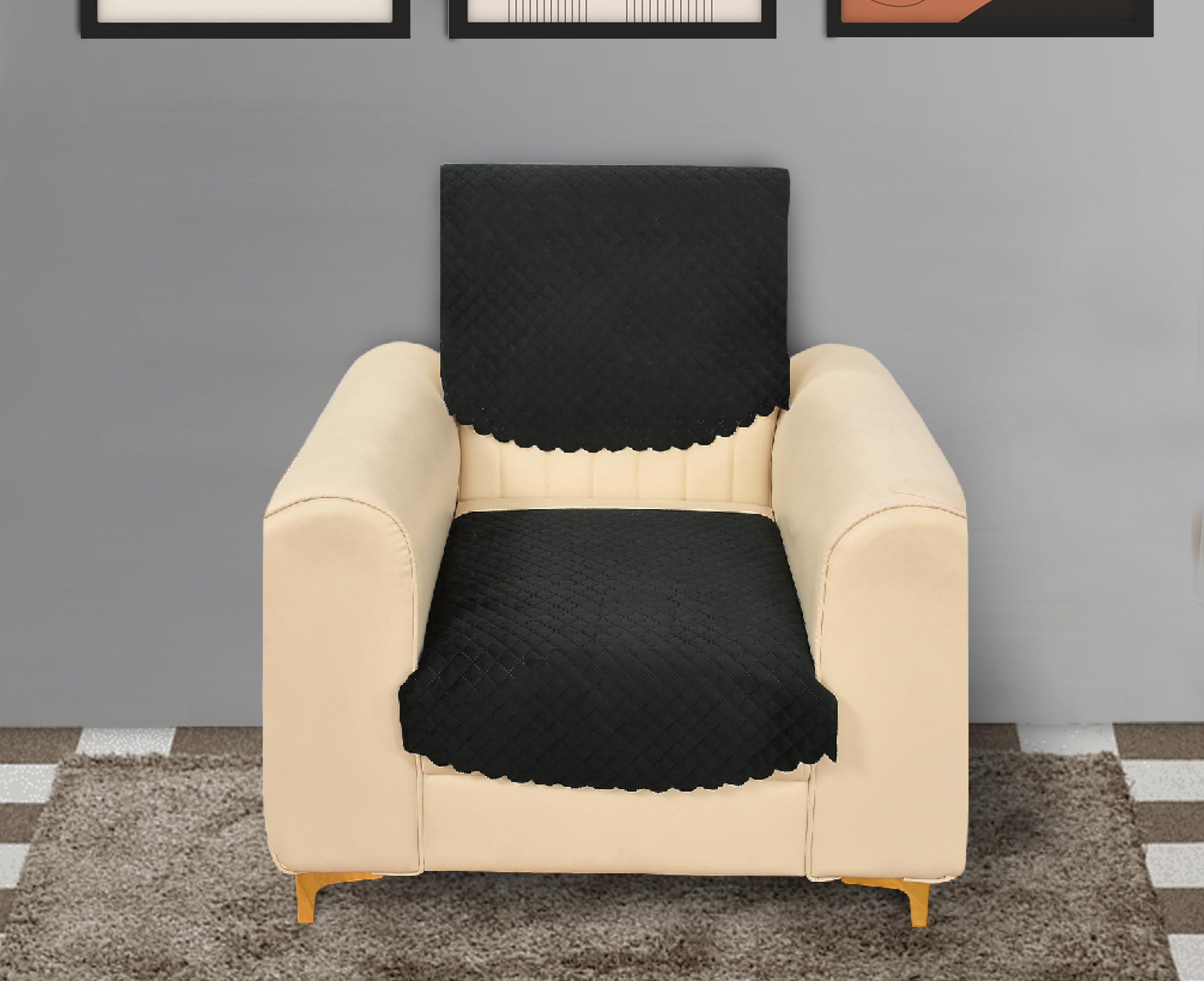 Yellow Weaves 1 Seater Self Design Quilted Sofa Chair Cover, Seat & Back Cover, Color - Black