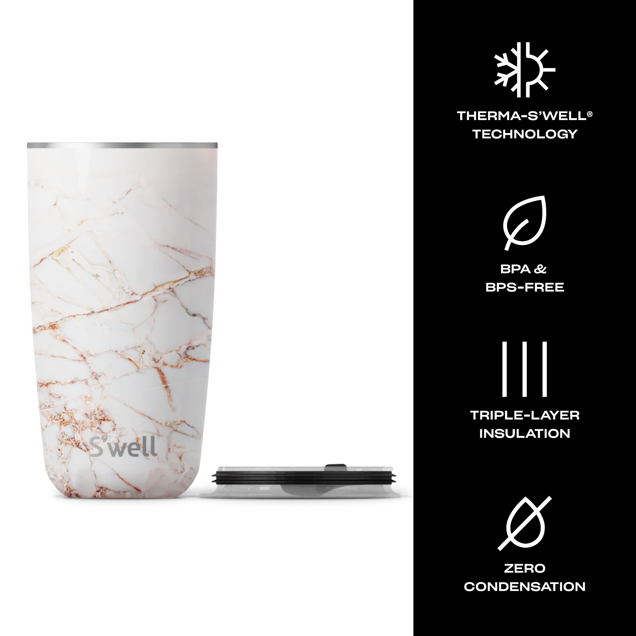 S'Well Stainless Steel Tumbler With Slide-Open Lid, 18Oz, Calacatta Gold, Triple Layered Vacuum Insulated Containers Keeps Drink
