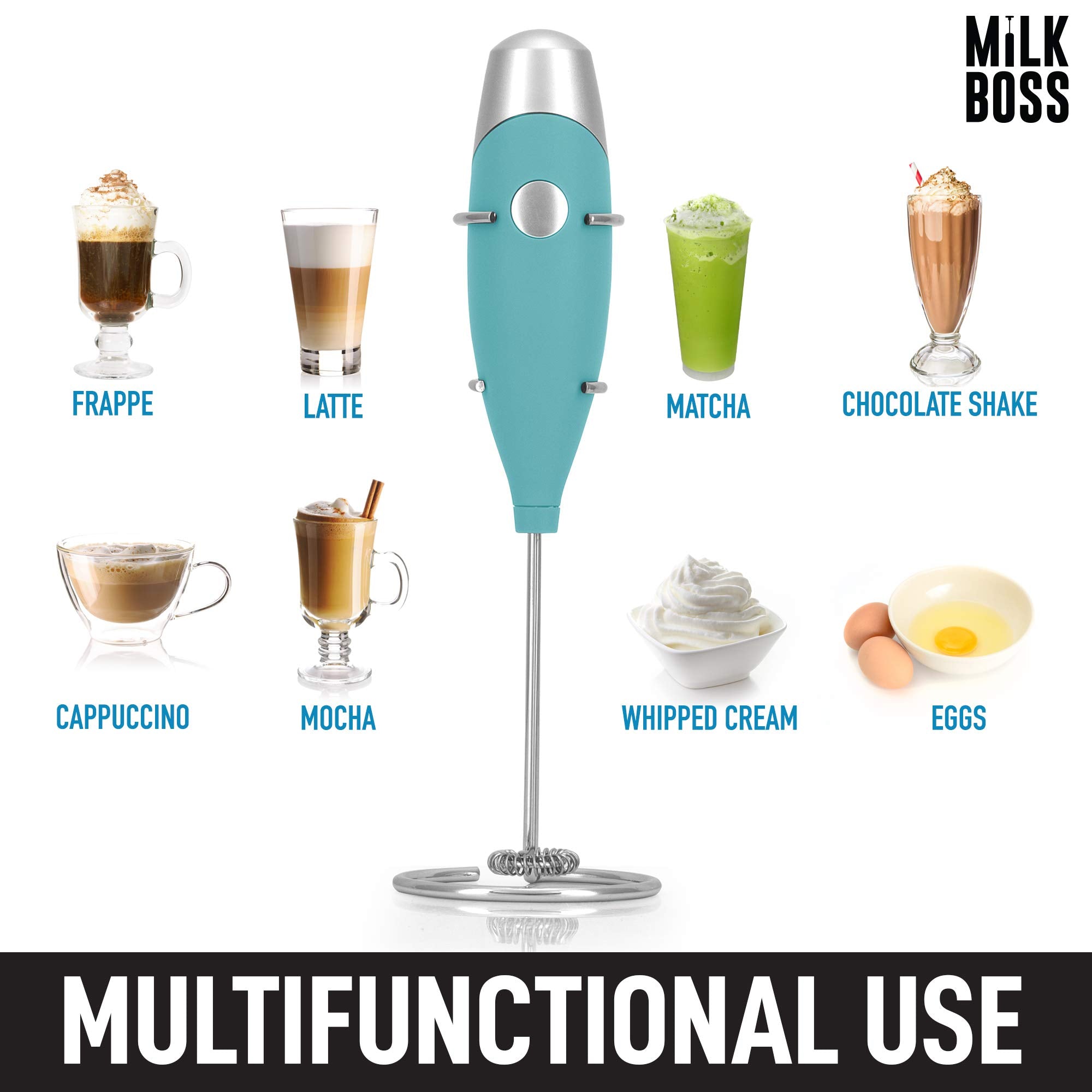 Milk Boss Mighty Milk Frother Handheld Whisk Mixer - Coffee Frother Electric Handheld Foam Maker & Frother For Coffee - Portable Electric Whisk With 16-Piece Stencils For Lattes  Matcha (Smooth Teal)?