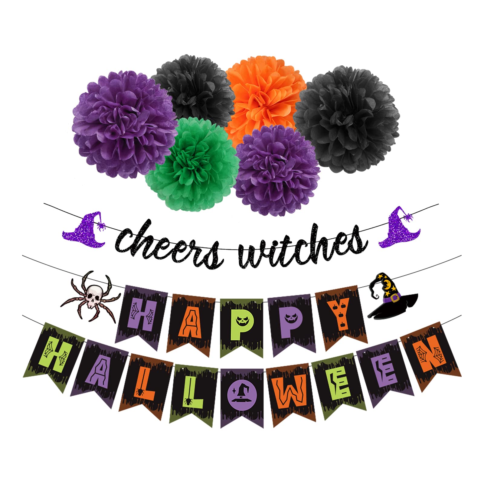Black-Orange Green-Purple Halloween Party-Decorations - 8Pc Kit Happy Halloween Banner, Tissue Flower Paper Pom Poms Streamers,C