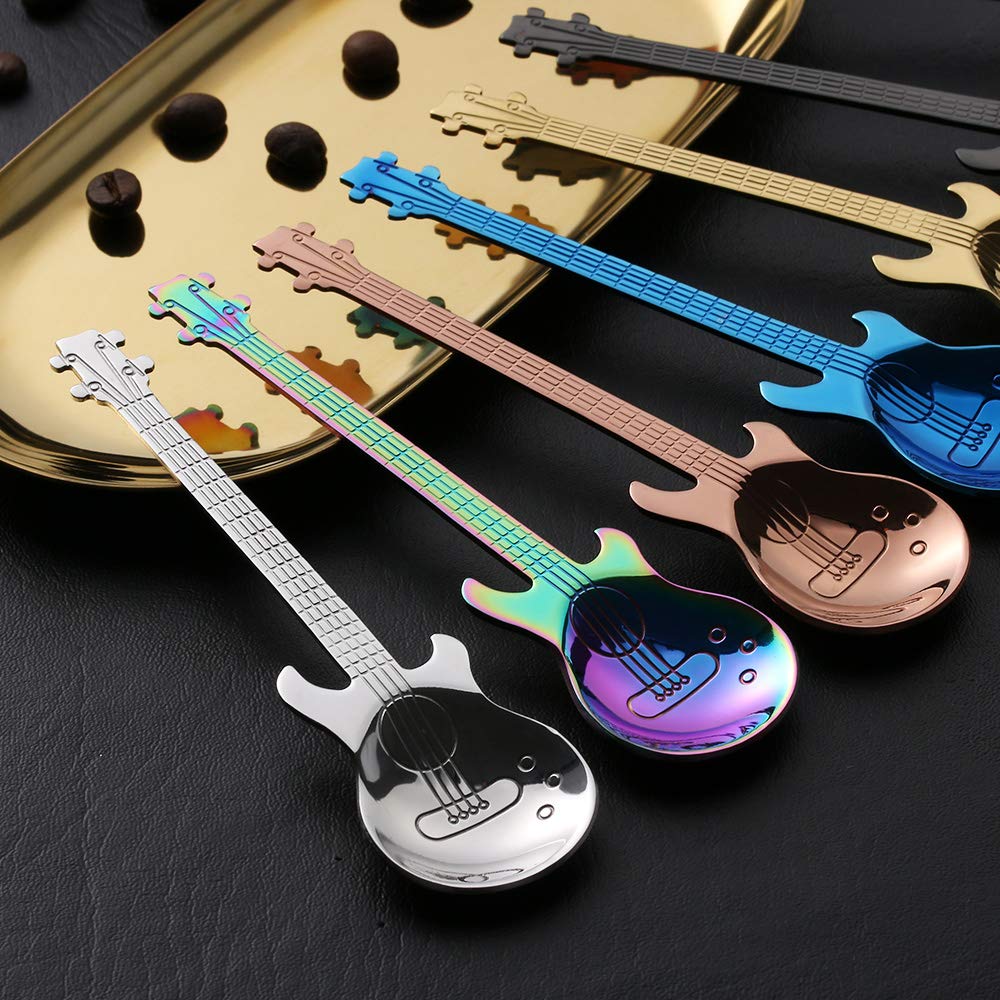Tvoip 7Pcs Stainless Steel Guitar Shaped Love Coffee Spoon Teaspoon Children Spoon New Beautiful 7 Colors Coffee Tea Use