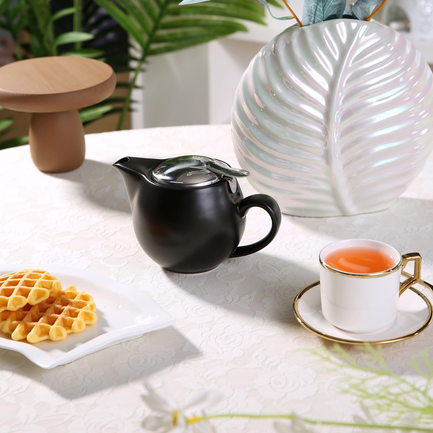 Auxmeware - Small Ceramic Teapot With Stainless Steel Infuser, Heat Resistant, Perfect Tea Maker, Black, 350Ml/12.0Oz