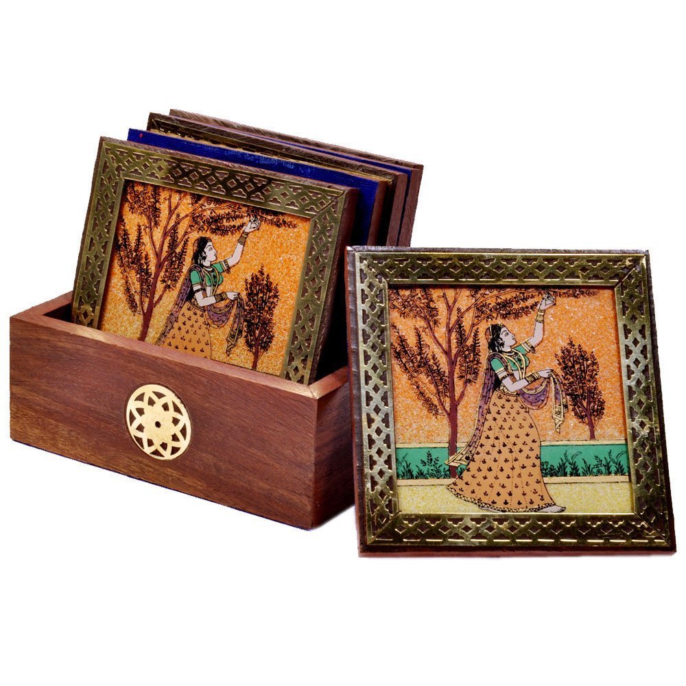 Saarthi Traditional Gemstone Painting Tea Coffee Coaster Set  Home Decor Handicrafts | Home Decor | Home Decorative Items In Li