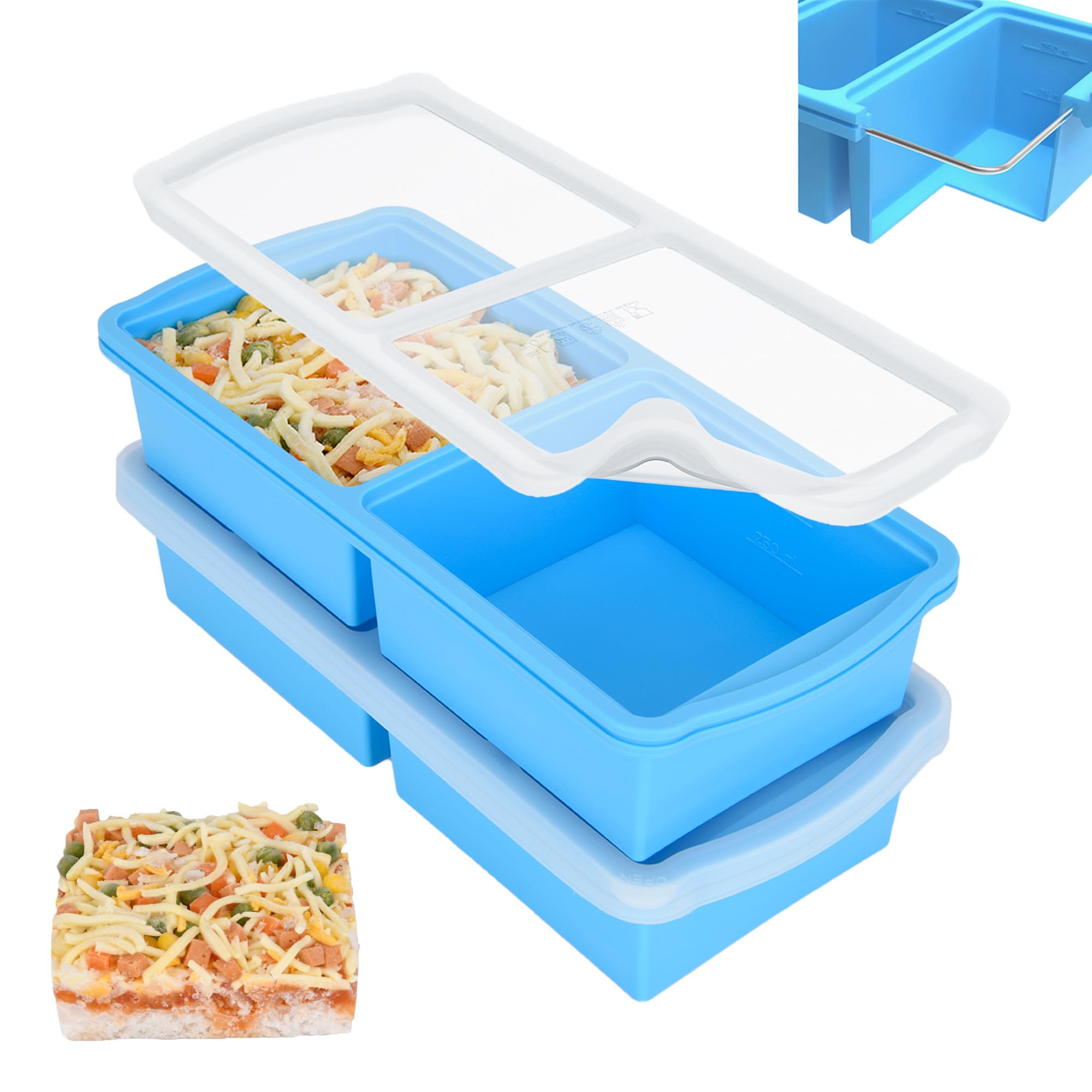 Zip Standing 2 Cup Silicone Freezer Trays With Lid,Soup Freezer Container,Large Ice Cube Molds With Reinforced Steel Ring Top Pe