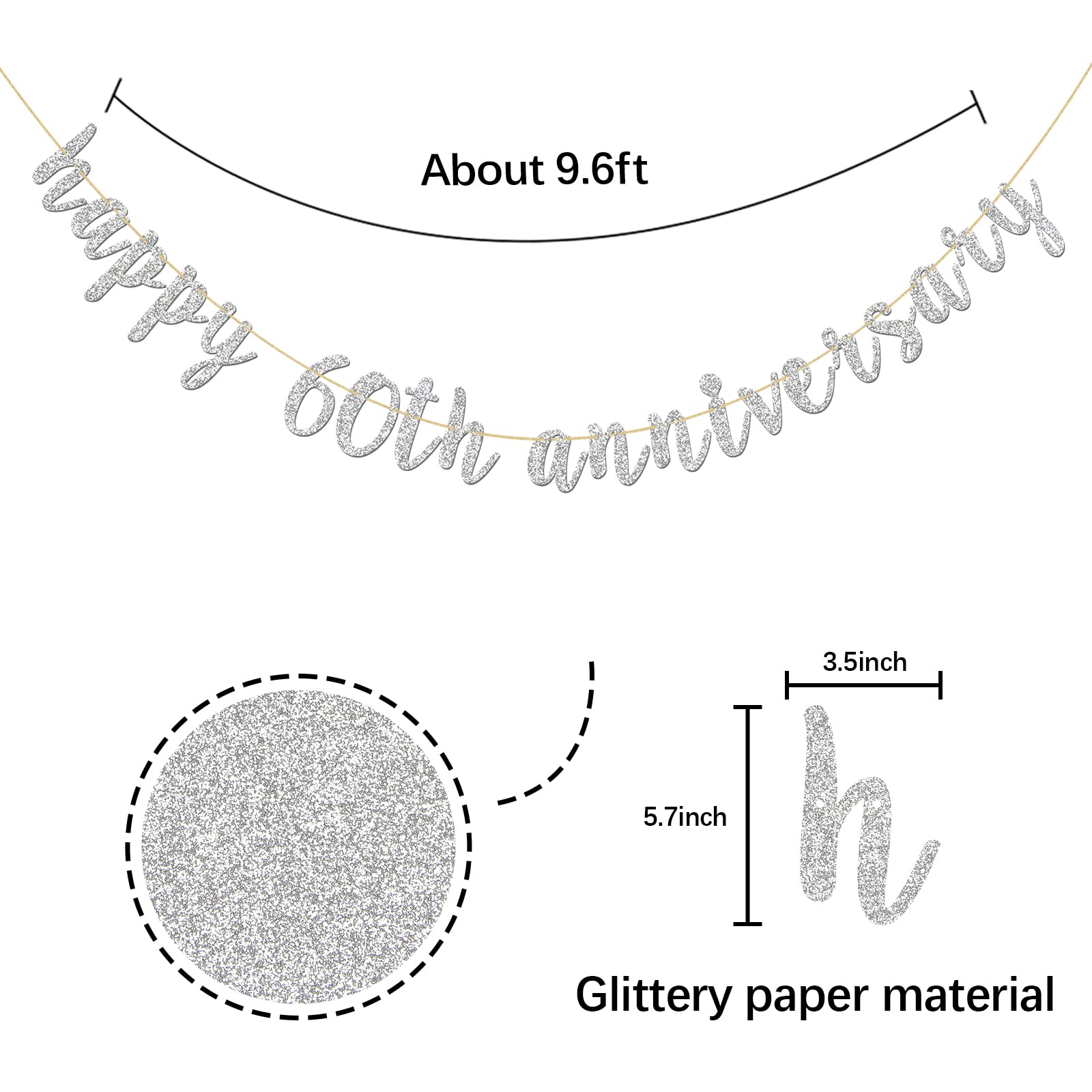 Innoru Glitter Silver Happy 60Th Anniversary Banner - Sixty Sign - 60Th Birthday Banner - 60Th Wedding Anniversary Party Bunting