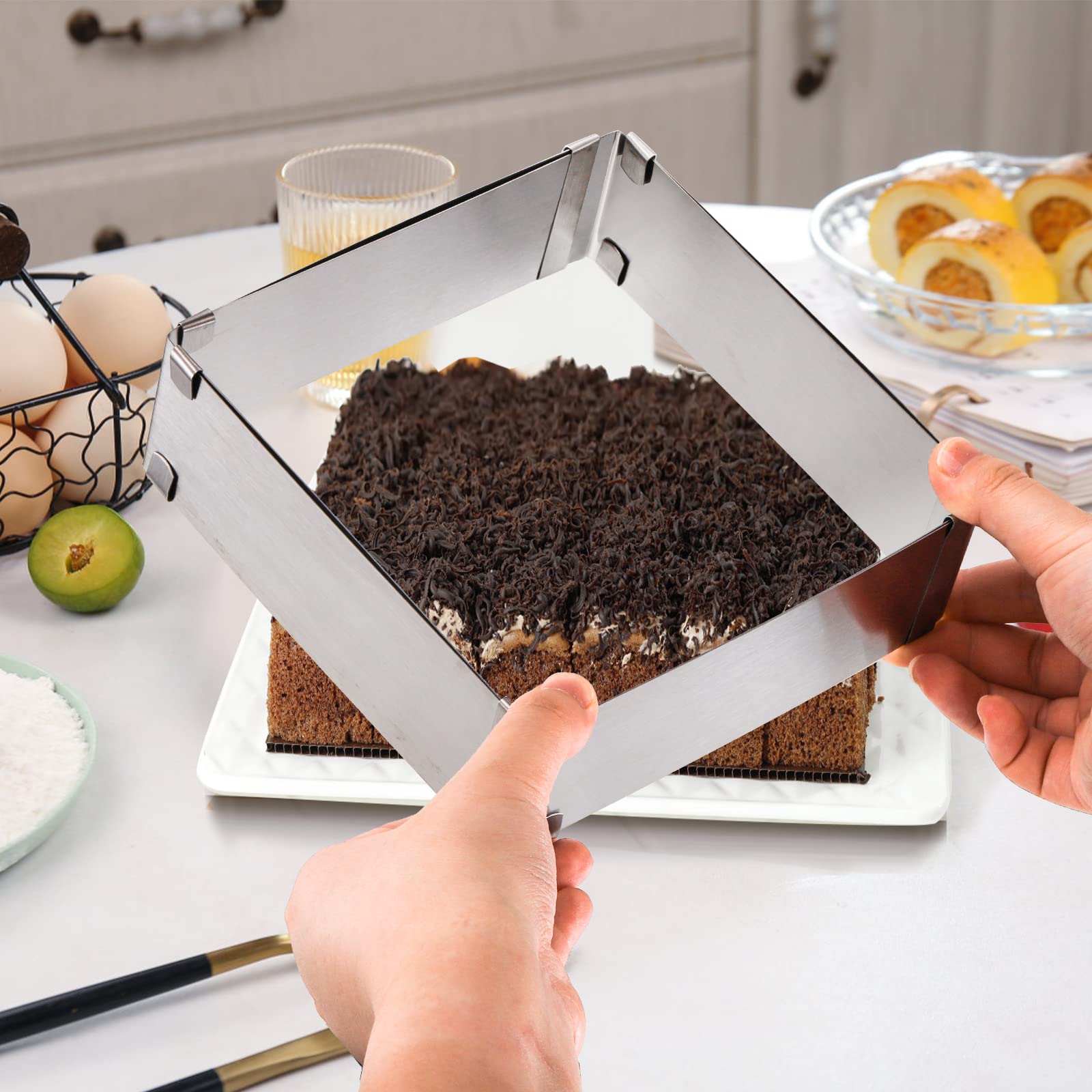 Youeon 4 Pack Square Cake Molds Ring Adjustable From 6'' To 11'', Stainless Steel Mousse Cake Ring, Baking Molds, Pastry Making
