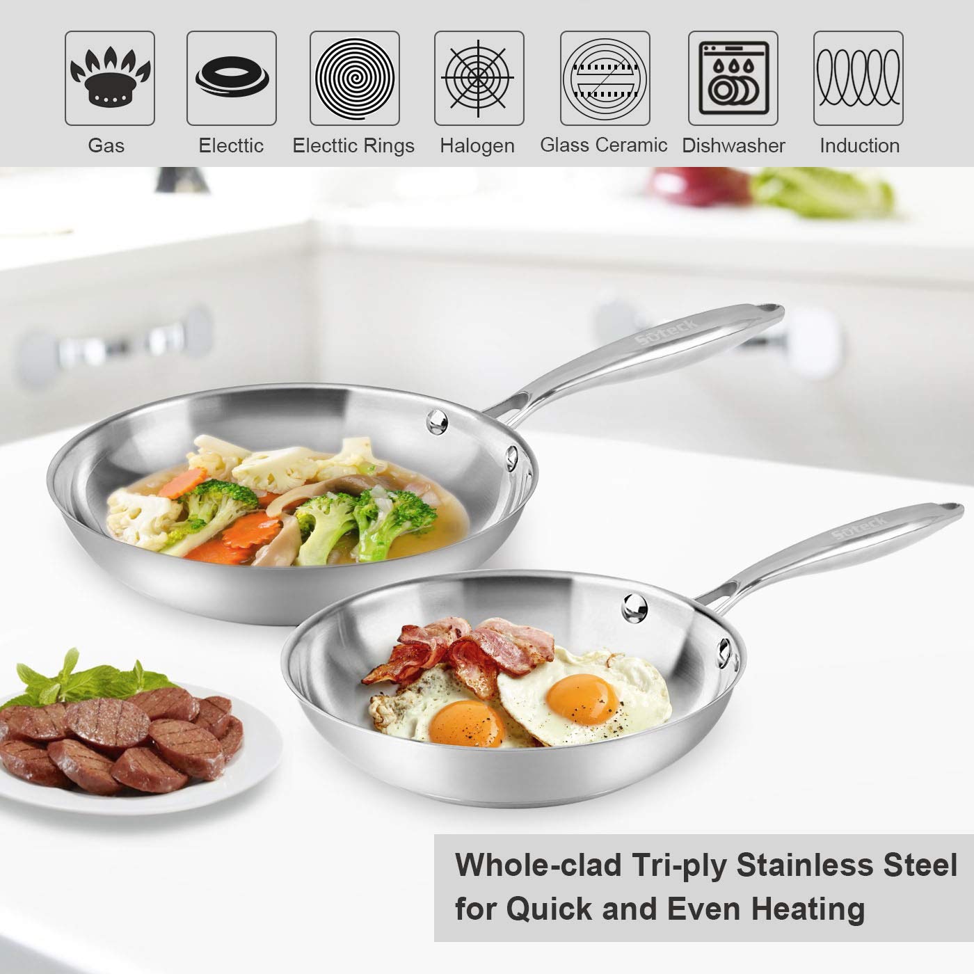 Fry Pan Set Of 2 | 8'' & 10'' Tri-Ply Stainless Steel Frying Pan, Oven & Dishwasher Safe Classic Cooking Pan Cookware