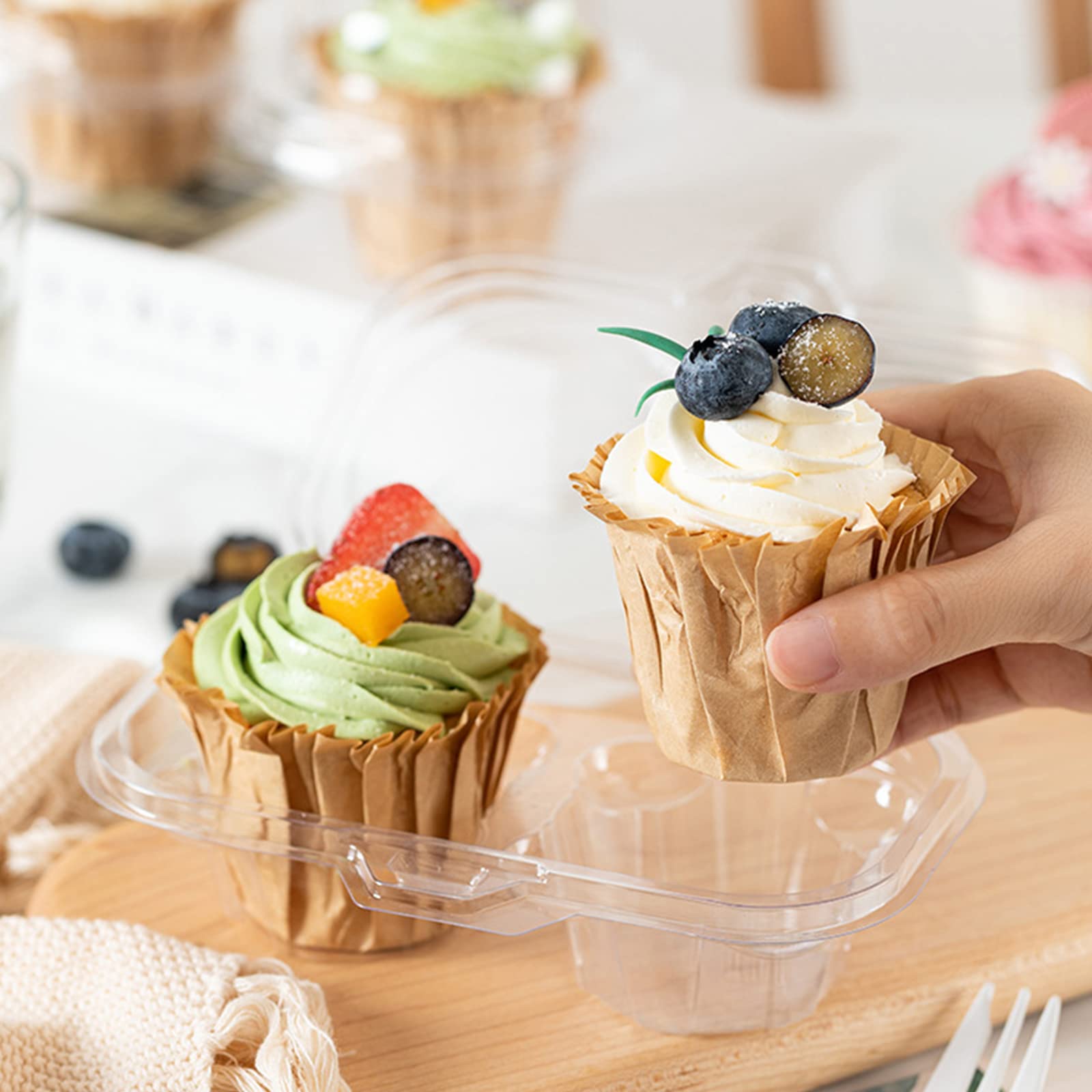 Bekith 60 Count 2-Compartment Plastic Cupcake Containers Disposable With Connected Airtight Lid, Clear Stackable Deep Dome Cupca
