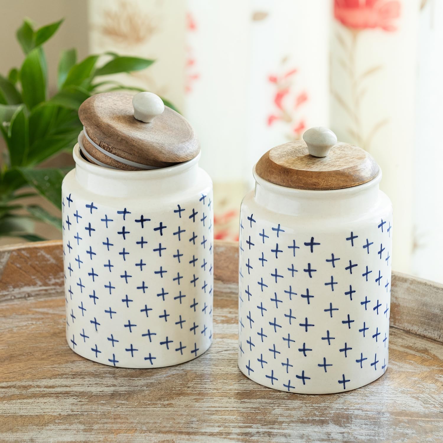Exclusivelane Starmark Airtight Ceramic Jars For Kitchen Storage With Wooden Lid Ceramic Containers For Pickle Cookies Sugar D