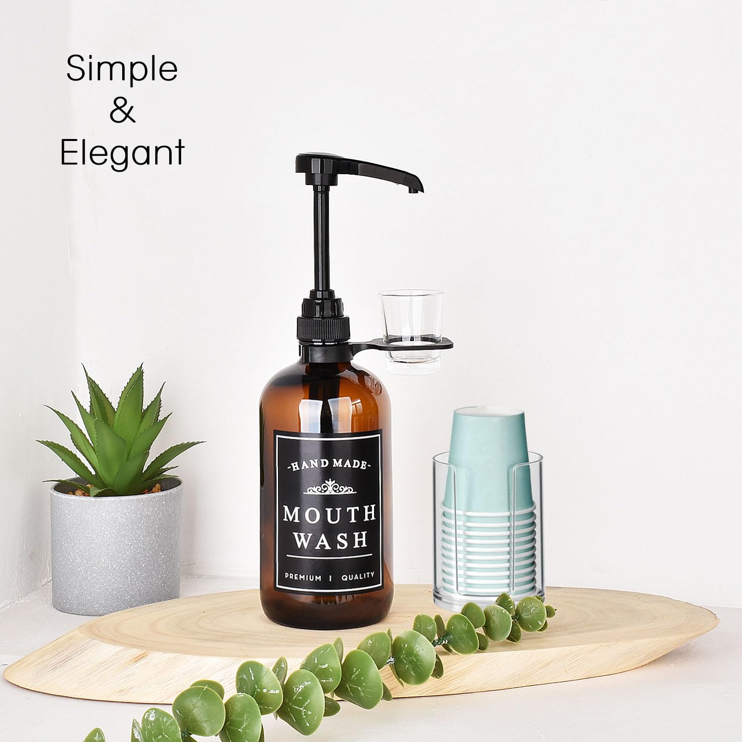 Amber Glass Mouthwash Dispenser For Bathroom With Reusable Cup Holder And Pump, Glass Cup And Clear Plastic Paper Cup Dispenser