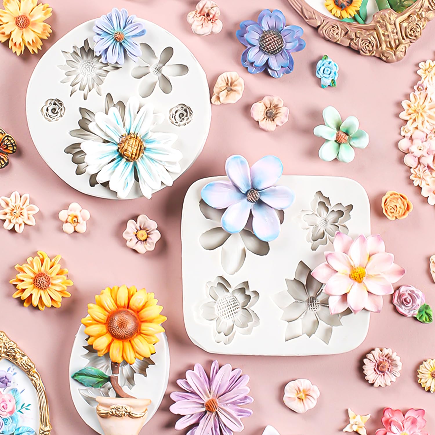 Kalaien 4Pcs Sunflower Fondant Silicone Mold For Cake Topper Decoration Chocolate Candy Sugar Diy Craft Gum Paste