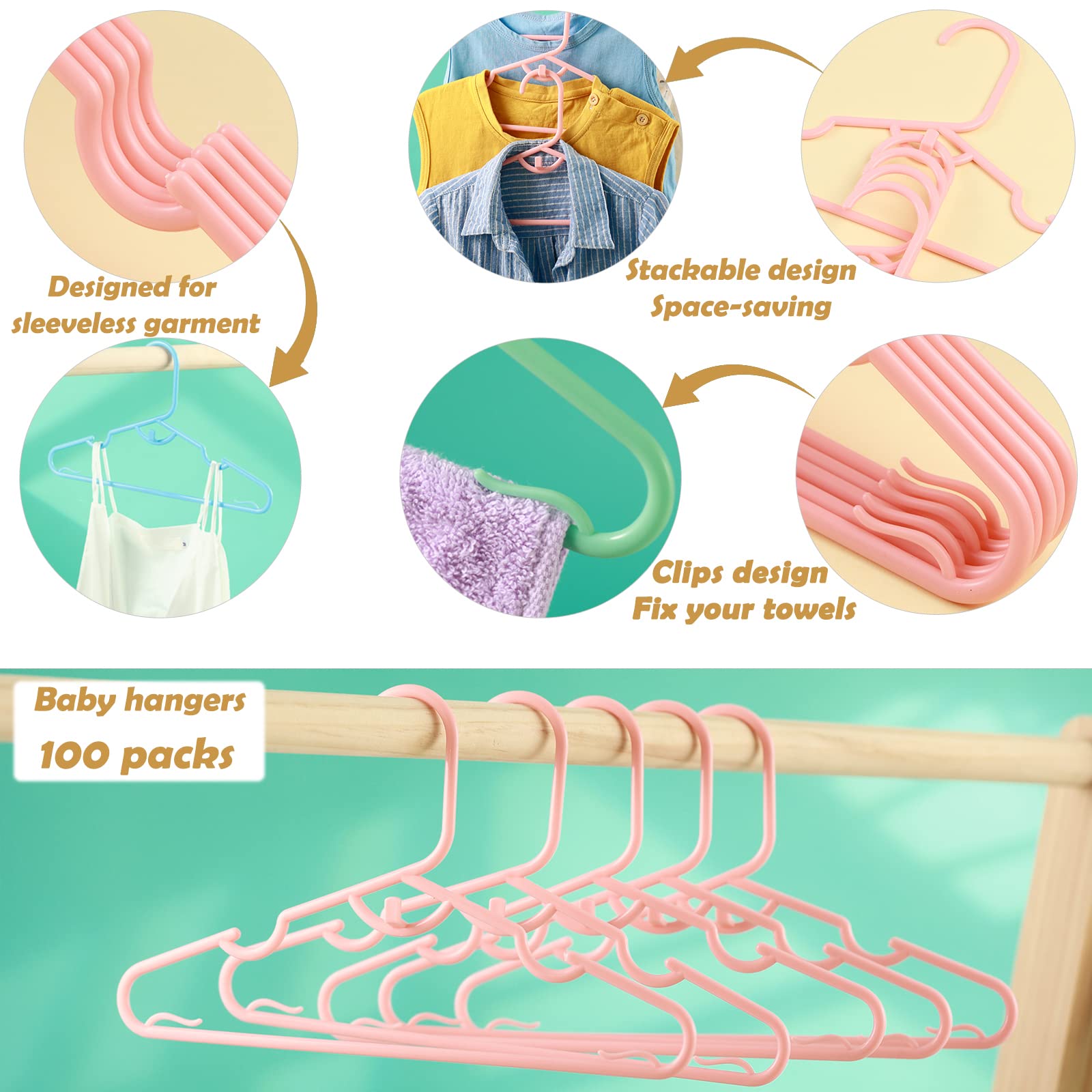 Mjrasg Anti-Slip Plastic Baby Hangers, 100-Pack, Light Pink, Ideal For Closet Organization, Easy To Use, Holds Clothes Securely