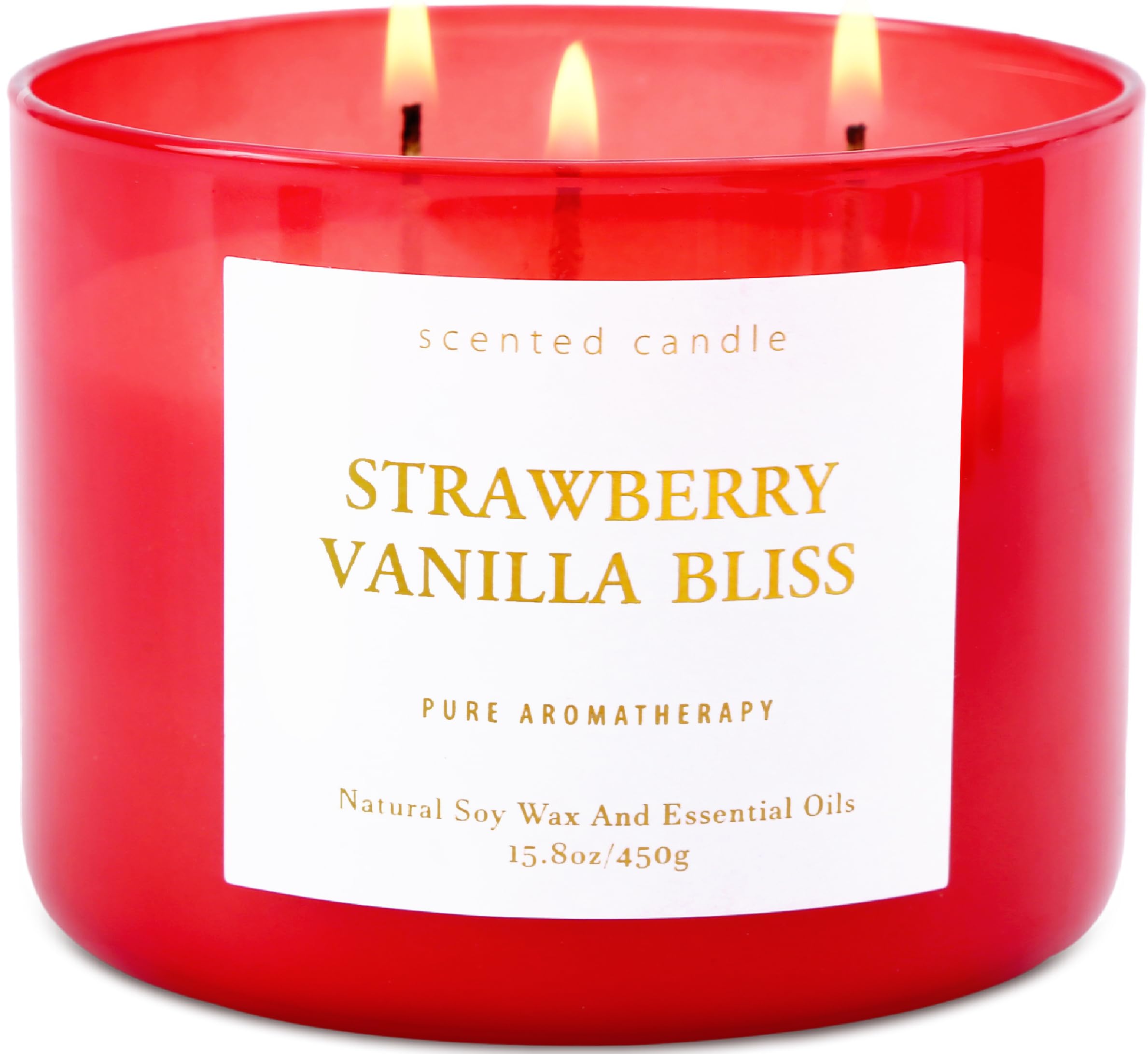Strawberry Vanilla Aromatherapy Candle - Large 3 Wick Soy Scented Candle 15.8 oz - Relaxing Vanilla Candle for Home & Stress Rel