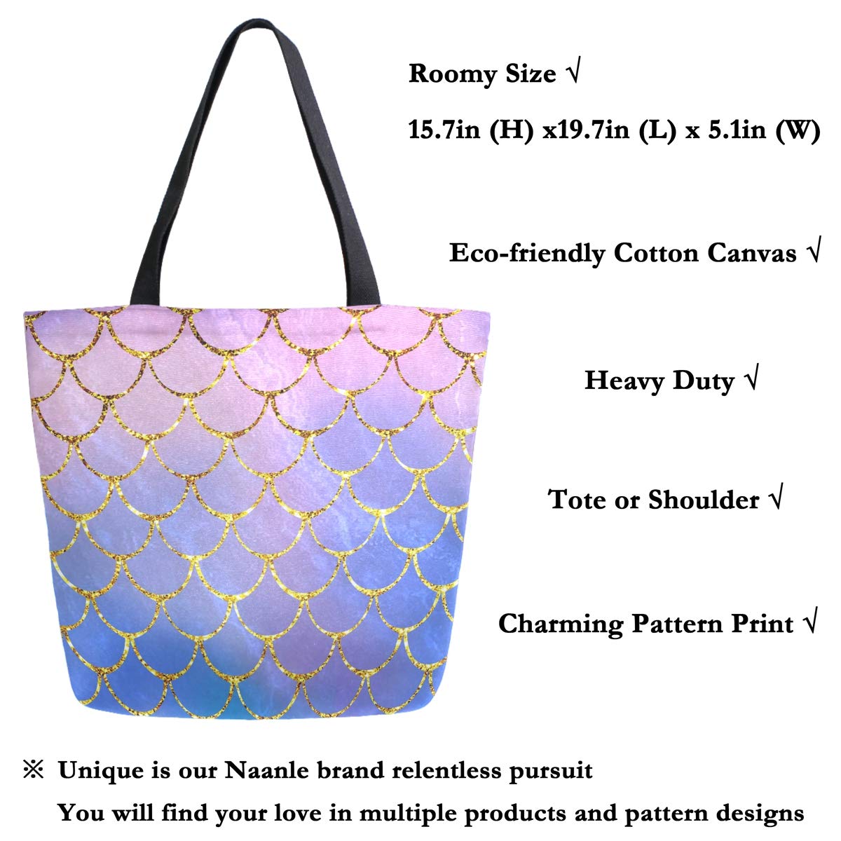 Naanle Mermaid Canvas Tote Bag - Large Women 'S Casual Shoulder Handbag, Mermaid Scale Reusable Multipurpose Heavy Duty Shopping