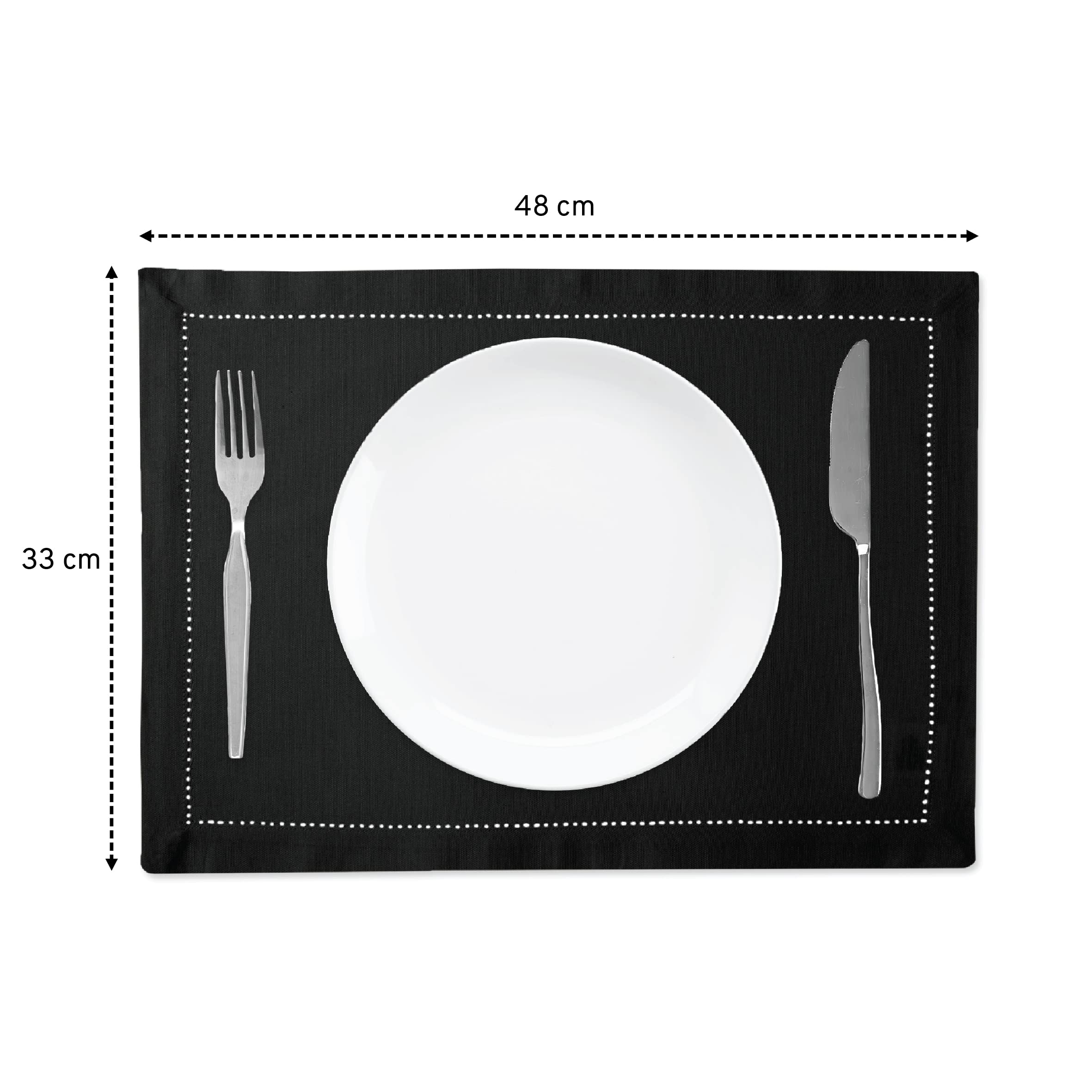 Encasa Xo Placemats Set Of 4 | Pure Cotton Hemstitched Design | Black | Rectangular 19''X13'' - Dining Table Mat | Machine Washa