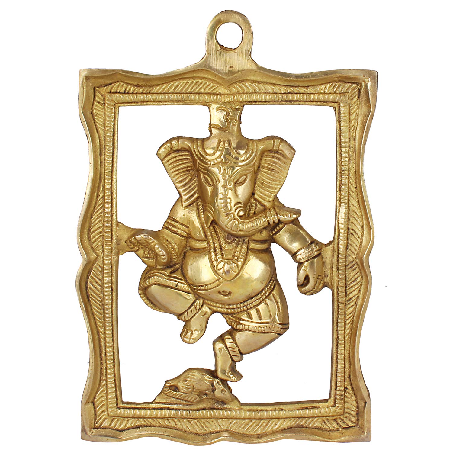 Kartique Ganesha Brass Wall Hanging Idol - Dancing Posture, 9 Inches Tall, Decorative And Auspicious Statue