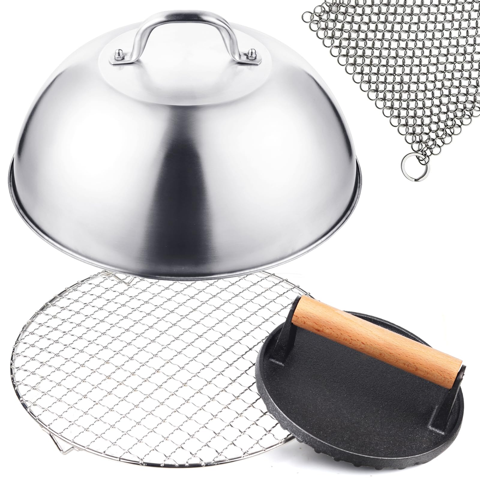 Blackstone Griddle Accessories, Commercial Grade 12.4'' Heavy Duty Melting Dome, Round Burger Press And Multipurpose Wire Rack,