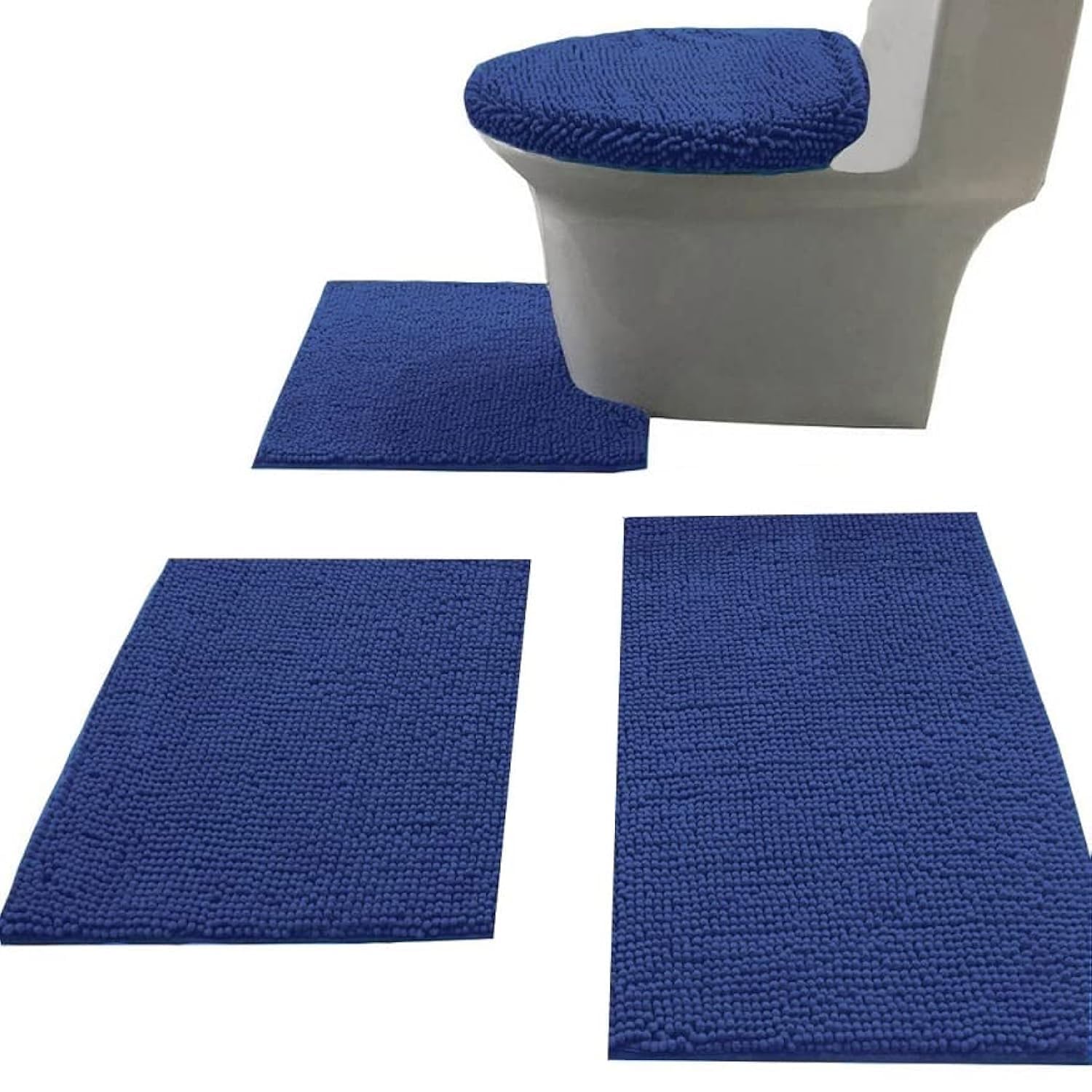 Madeals Bath Rug Set Combo 4 Piece with Toilet Lid Cover, Soft Shaggy Bath Rug Set 3 Piece and U-Shaped Toilet Floor Rug Navy Bl