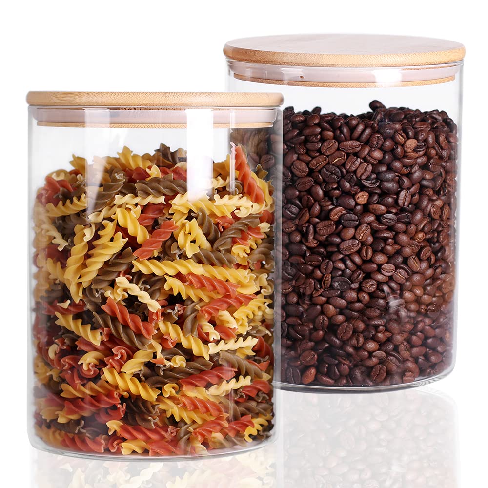 Czfwin Set Of 2 Glass Flour Container With Airtight Bamboo Lid, Large Food Jar With Wooden Lid For Storage Flour, Sugar, Cookies