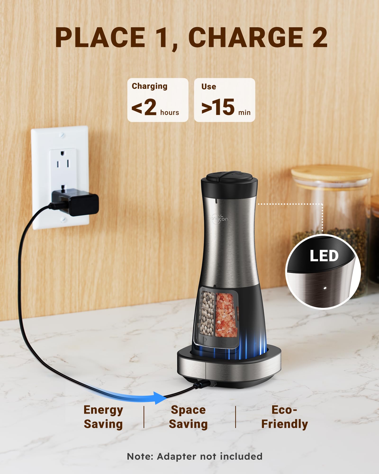 Sangcon Electric Salt and Pepper Grinder Set Shaker 2 IN 1 - USB RECHARGEABLE Salt and Pepper Mill with Charging Base, Adjustabl