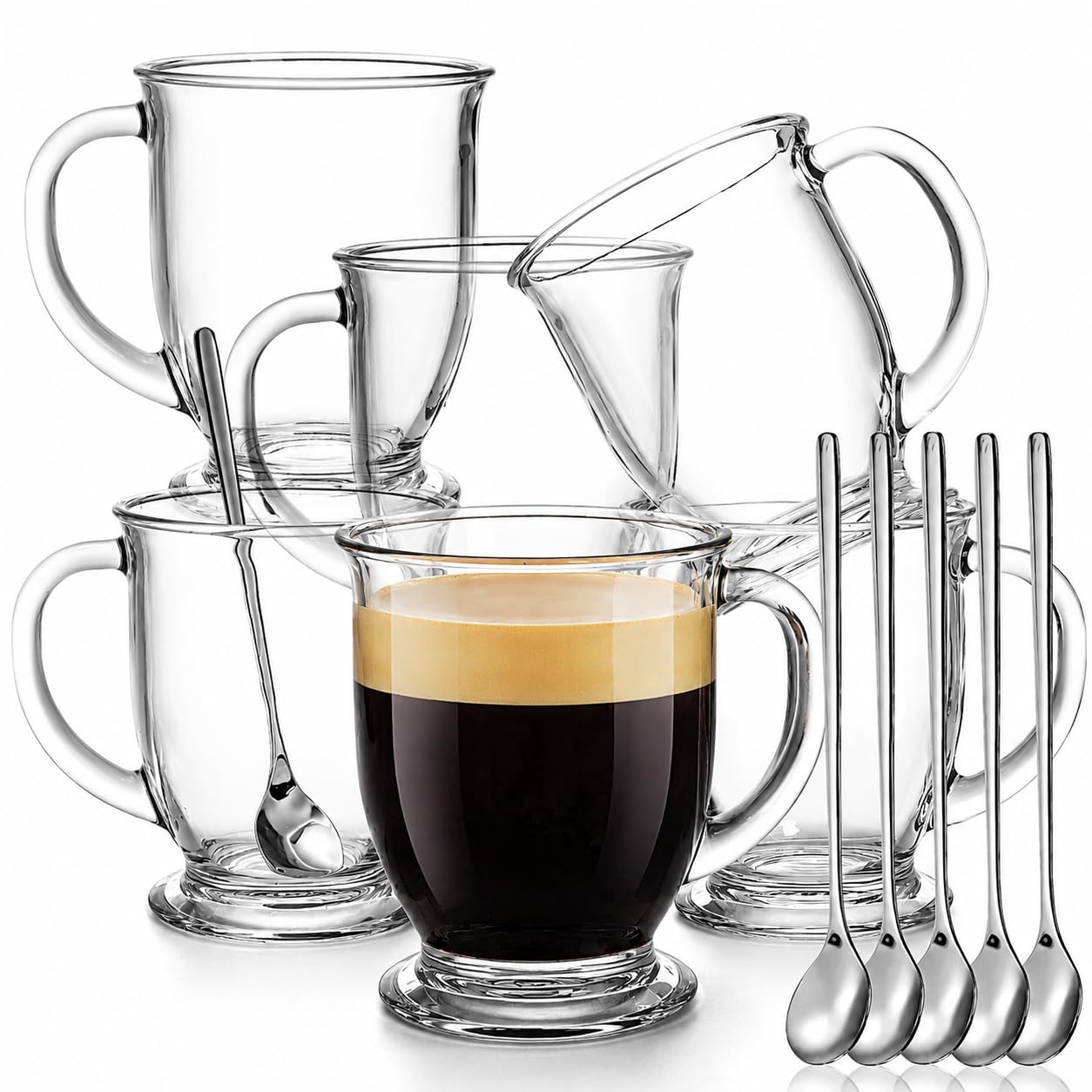 YIMITEE 6 Pack Glass Coffee Mugs with 6 Spoons, 15 OZ Clear Drinking Glasses with Handle, Large Espresso Cup, Hot Cold Beverage 