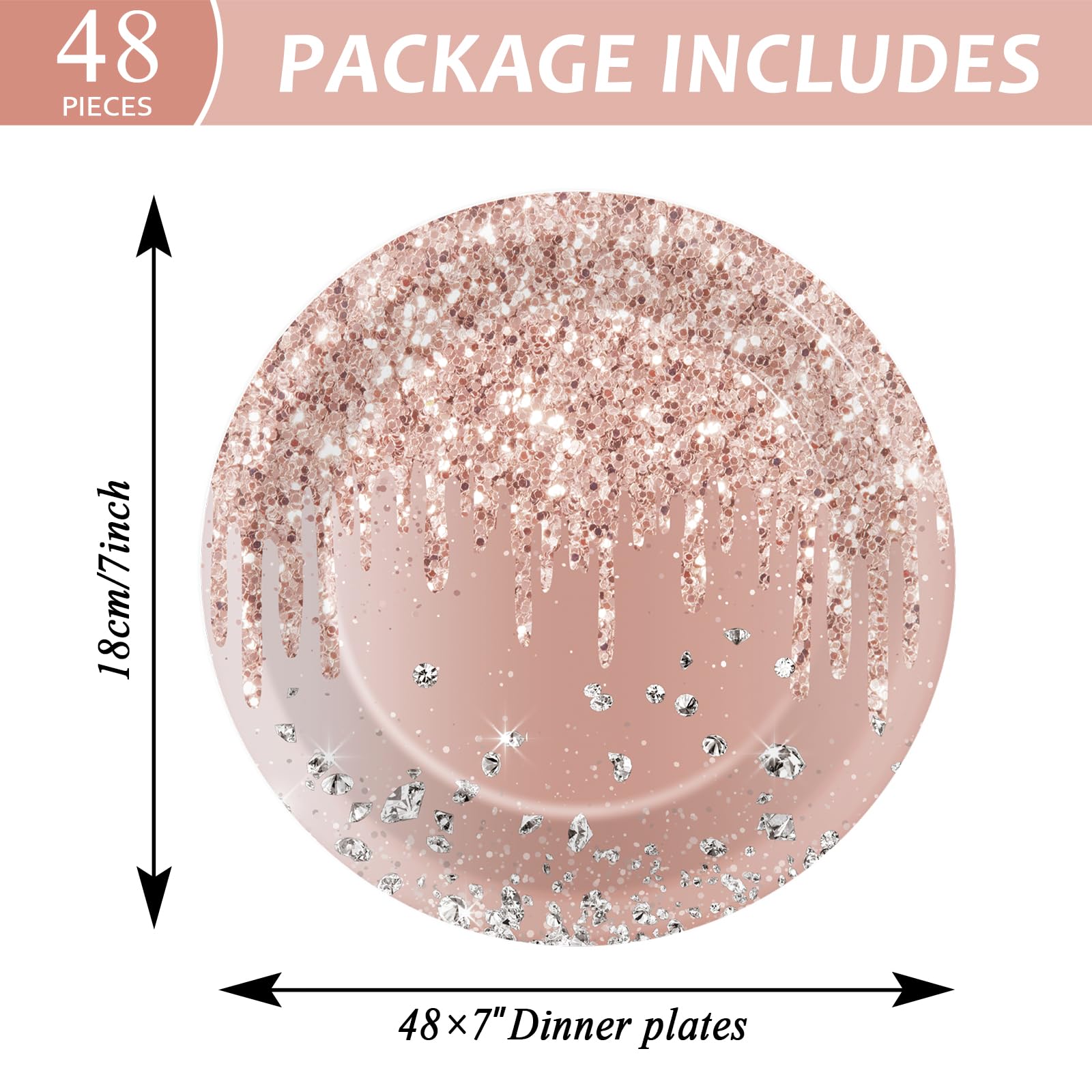 Zoiiwa 48 Pcs Rose Gold Birthday Plates Pink Rose Gold Paper Dinner Dessert Plates For Girls Women Diamond Theme Party Pink Rose