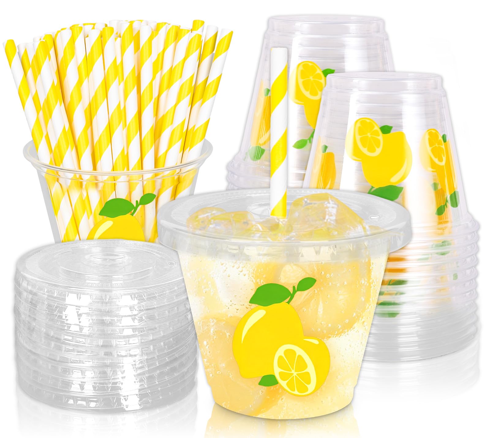 Whaline 100Pcs 9Oz Lemon Disposable Plastic Cups with Lids and Straws Summer Citrus Fruit Cold Beverage Drinking Cups for Birthd