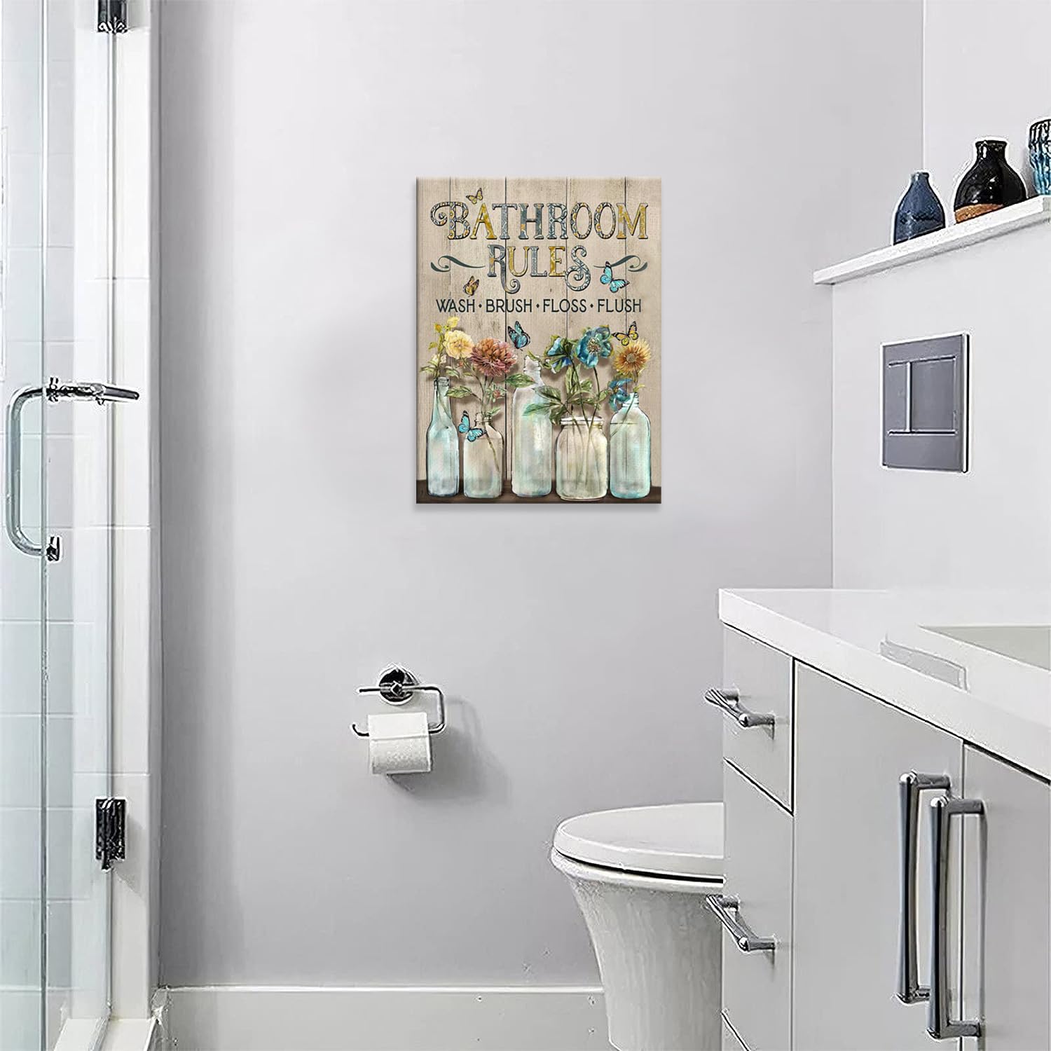Shuweienphant Farmhouse Bathroom Wall Art Flower Butterfly Floral Pictures Wall Decor Bathroom Rules Mason Jar Canvas Painting P