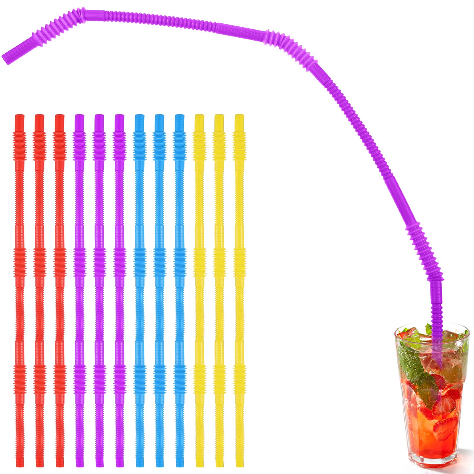12 Pieces Flexible Drinking Straws Extra Long Plastic Straws For Camping Limited Mobility Situations Dishwasher (Red, Yellow, Bl