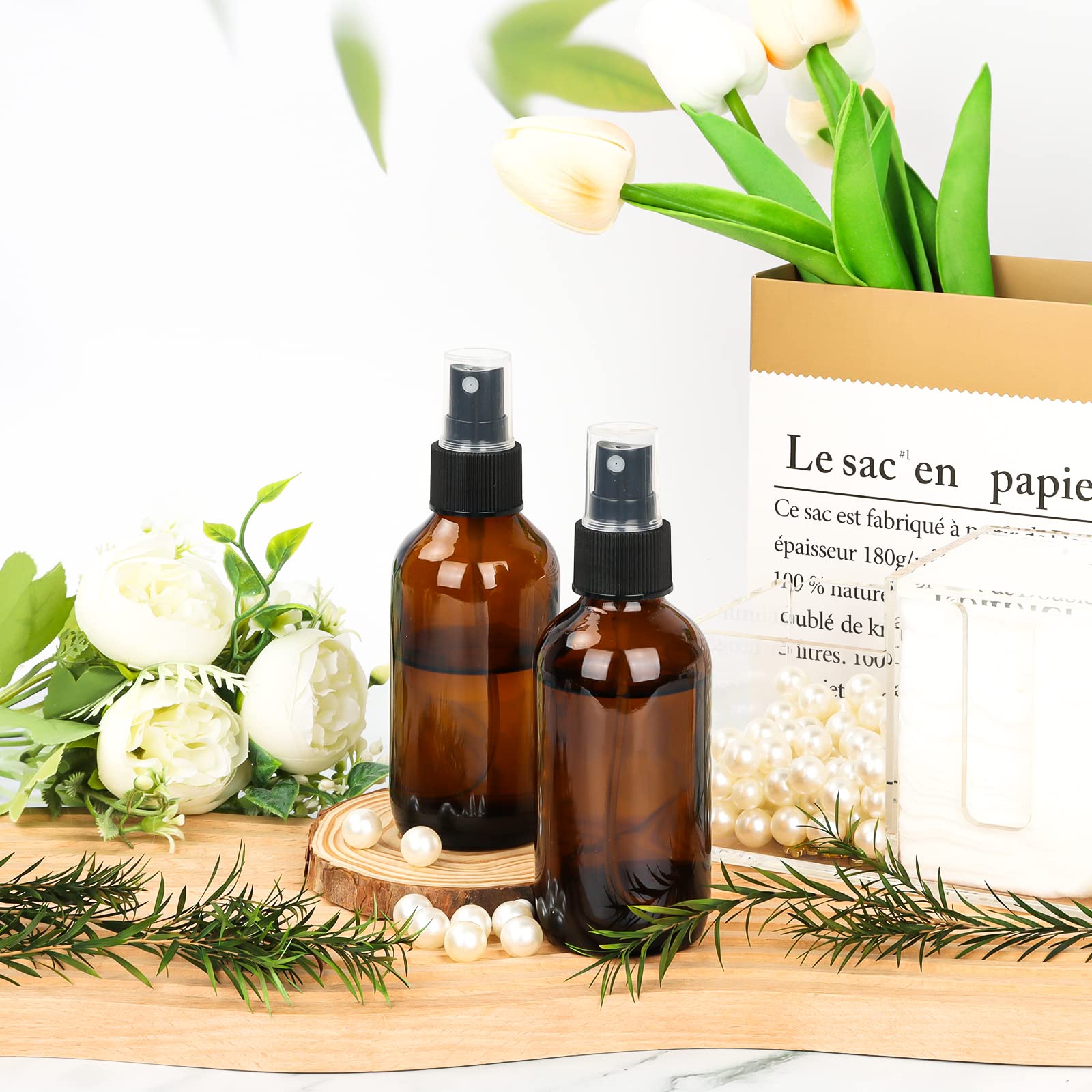 Cyclemore 120Ml 16Pcs 4Oz Amber Glass Spray Bottles With Fine Mist Sprayers, Glass Travel Bottles For Cosmetic Essential Oils Cl