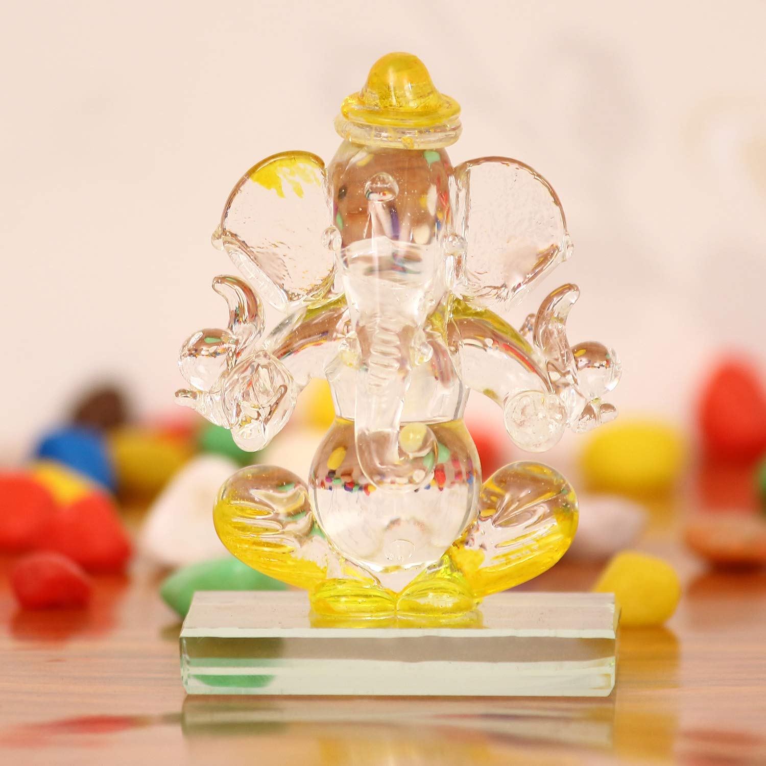 Ecraftindia Yellow And Transparent Double Sided Crystal Car Ganesha Showpiece