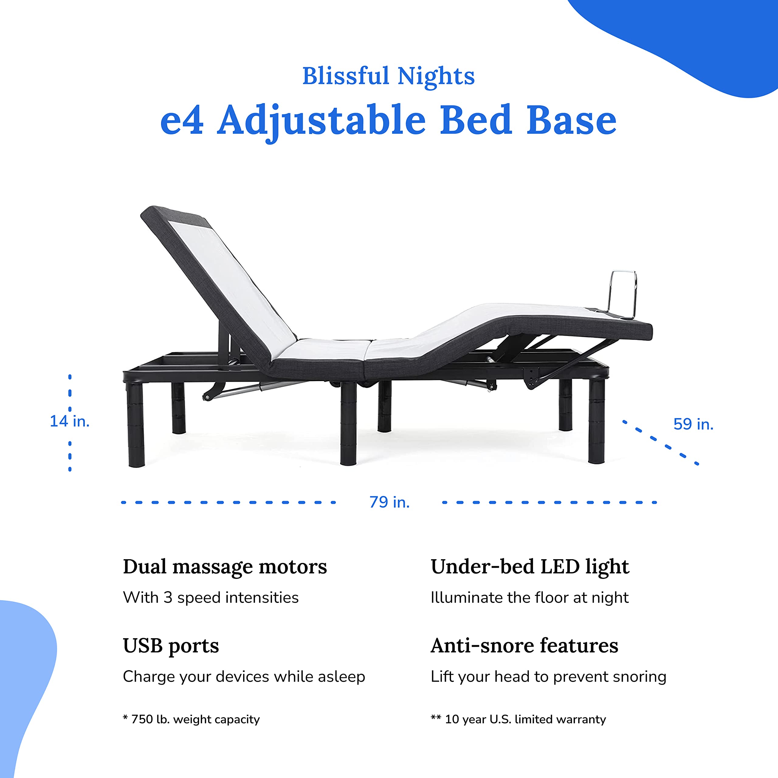 Blissful Nights E4 Queen Adjustable Bed Base Frame With 10'' Medium Firm Gel Infused Memory Foam Mattress