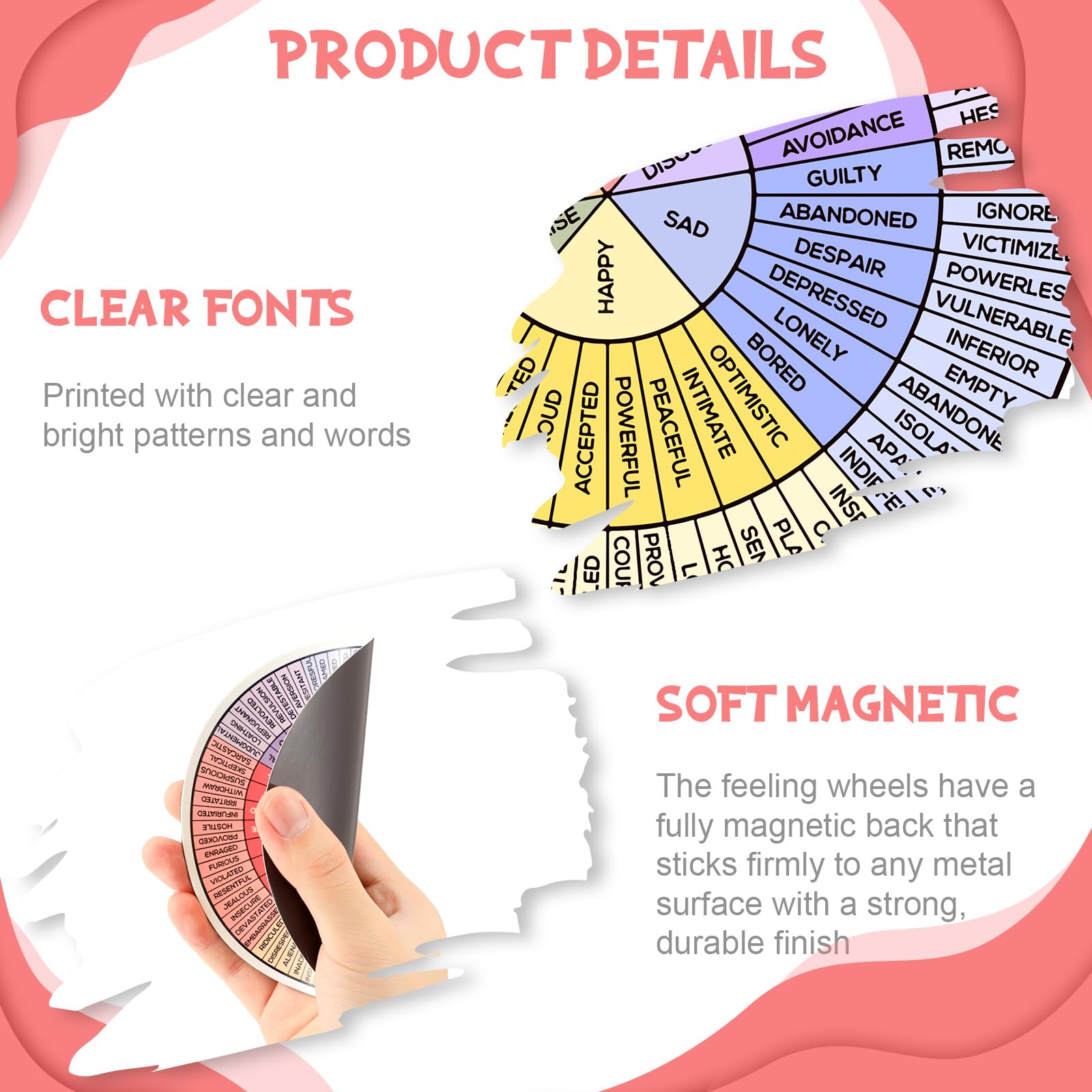 Weewooday 3 Pcs Emotion Wheel Magnet 4.8 Inch Feelings Wheel Magnet Feelings Emotions Chart Fridge Mental Health Gifts Social Co