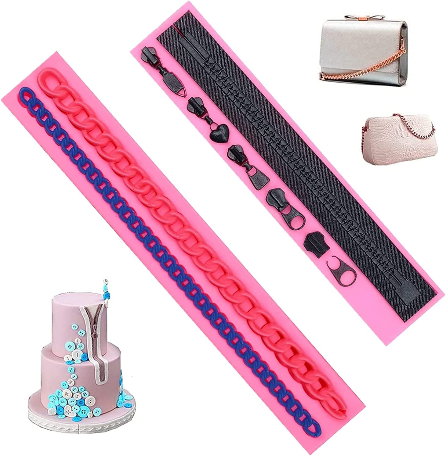 2 Pcs Zipper Chain Silicone Molds For Diy Fondant Candy Making Chocolate Mold Desserts Ice Cube Gum Clay Biscuit Plaster Resin C