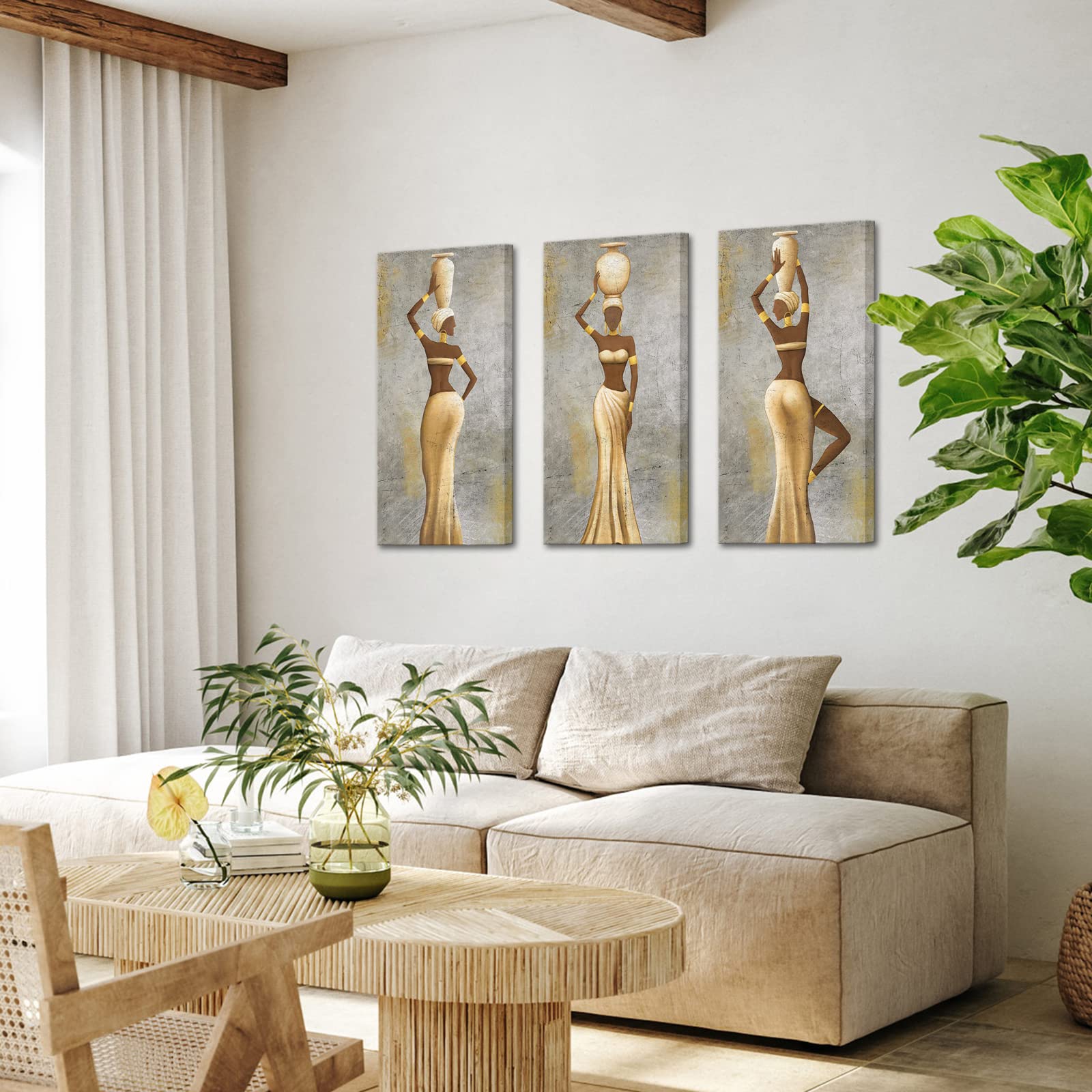 Levvarts Large 3 Pieces African Women Canvas Wall Art Traditional Black Girl Ethnic Ancient Theme Painting Africa Tribal Art Pic