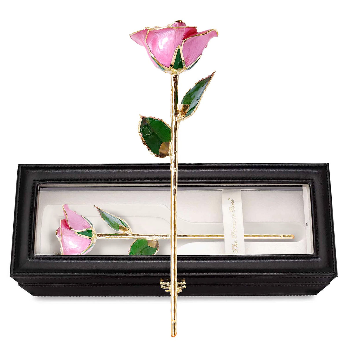 Forever Rose Leather Case Bundle, Genuine, One Of A Kind, Real Gold Trimmed Bloomed Pink Rose With Beautiful Leather Case With L