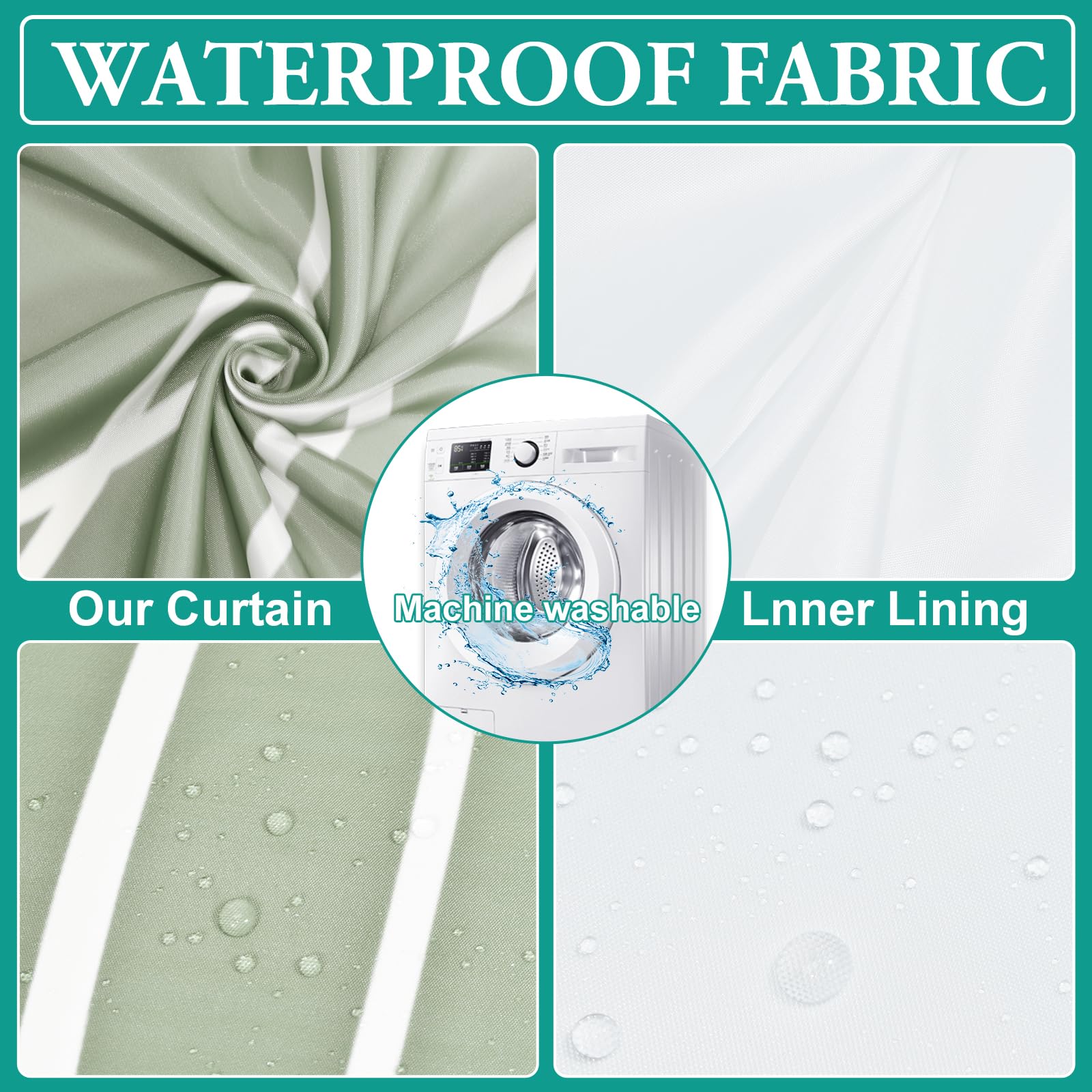 Lxbni No Hook Ombre Sage Green Striped Shower Curtain With Snap In Fabric Liner Set - Hotel Shower Curtain And Liner Set With Se