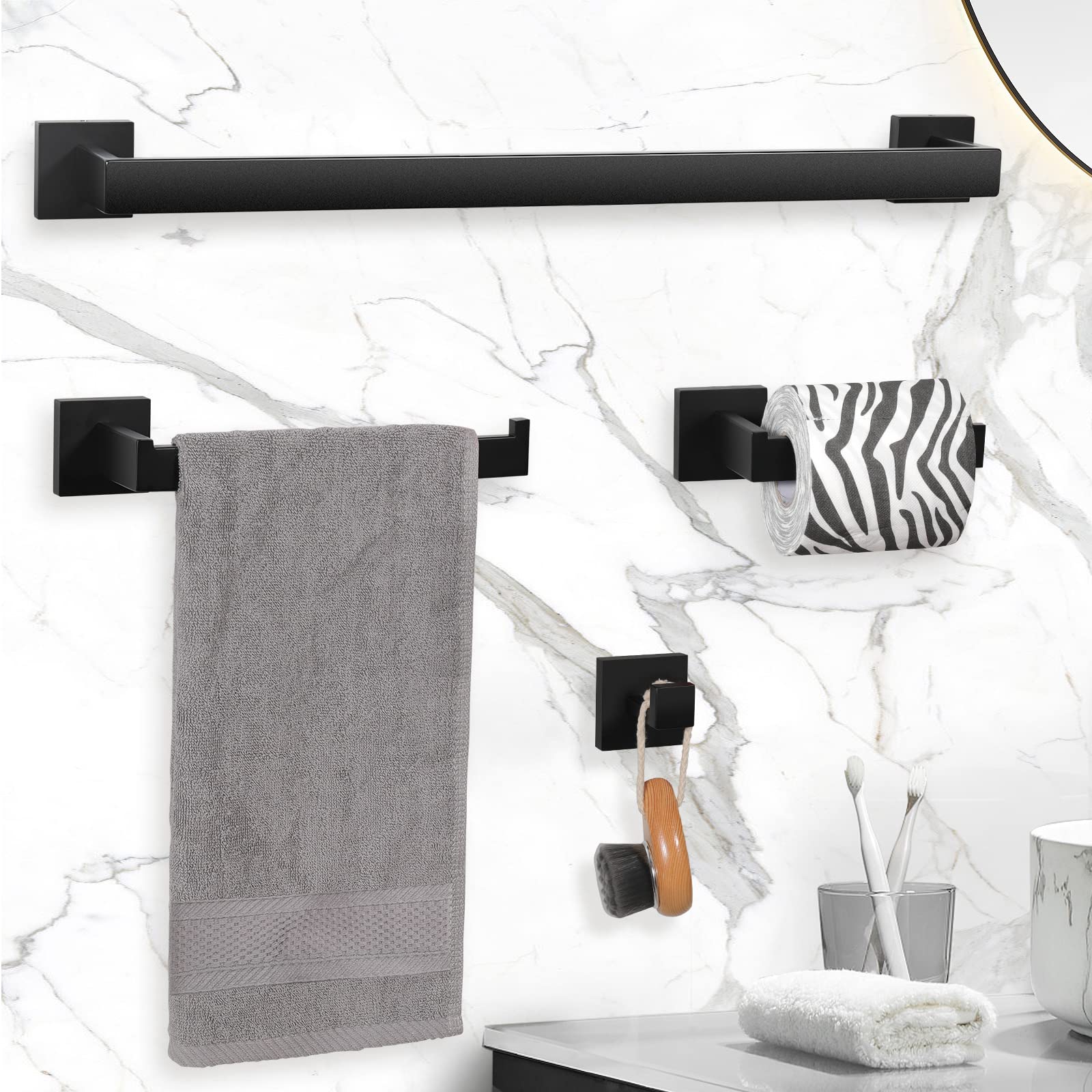 VELIMAX Premium Stainless Steel 4 Pieces Bathroom Hardware Accessories Set Wall Mounted Towel Bar Set  Matte Black  24-Inch