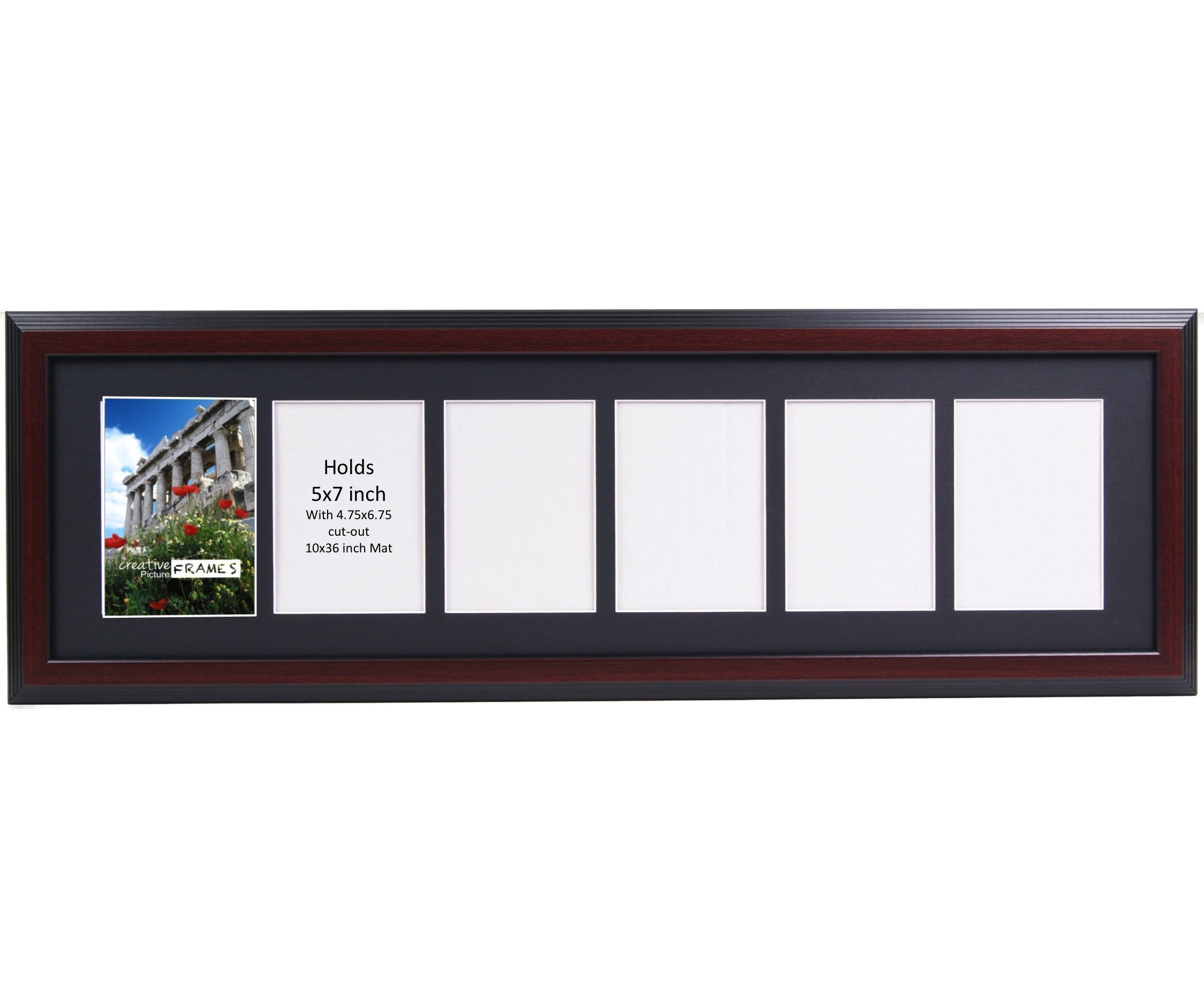 CreativePF 6 Opening Mahogany Picture Frame with Glass to hold 5 by 7 inch Photographs including 10x36-inch Black Mat Collage
